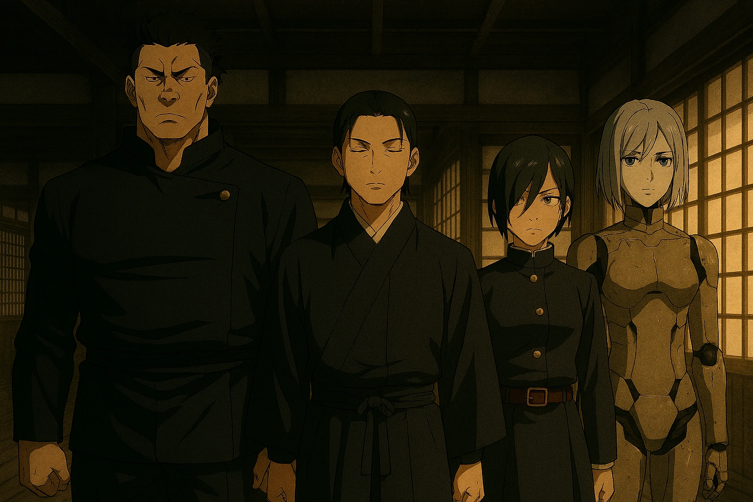 The traditional students of Kyoto High standing in formation, Tokyo vs Kyoto Jujutsu High analysis.