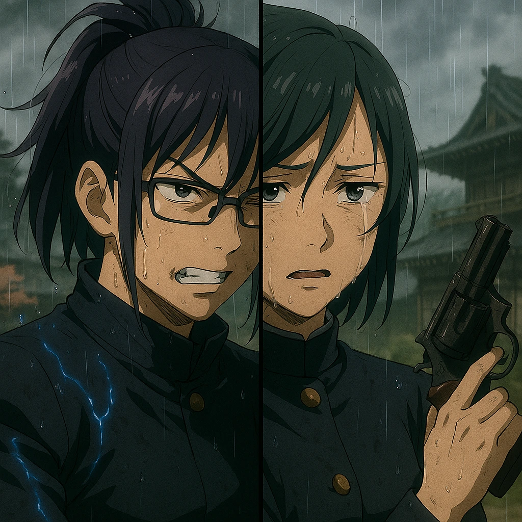 Maki Zenin fighting Mai Zenin, illustrating the tragedy of Tokyo vs Kyoto Jujutsu High.