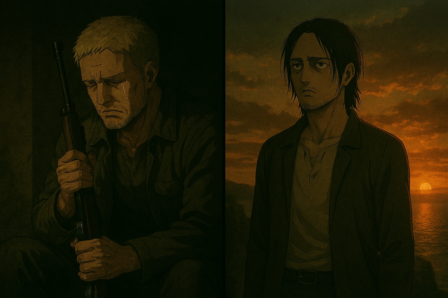A split image showing Reiner's suicidal despair with a rifle and Eren's hollow, dead-eyed expression, illustrating their different psychological responses within the Eren and Reiner Narrative Mirror.