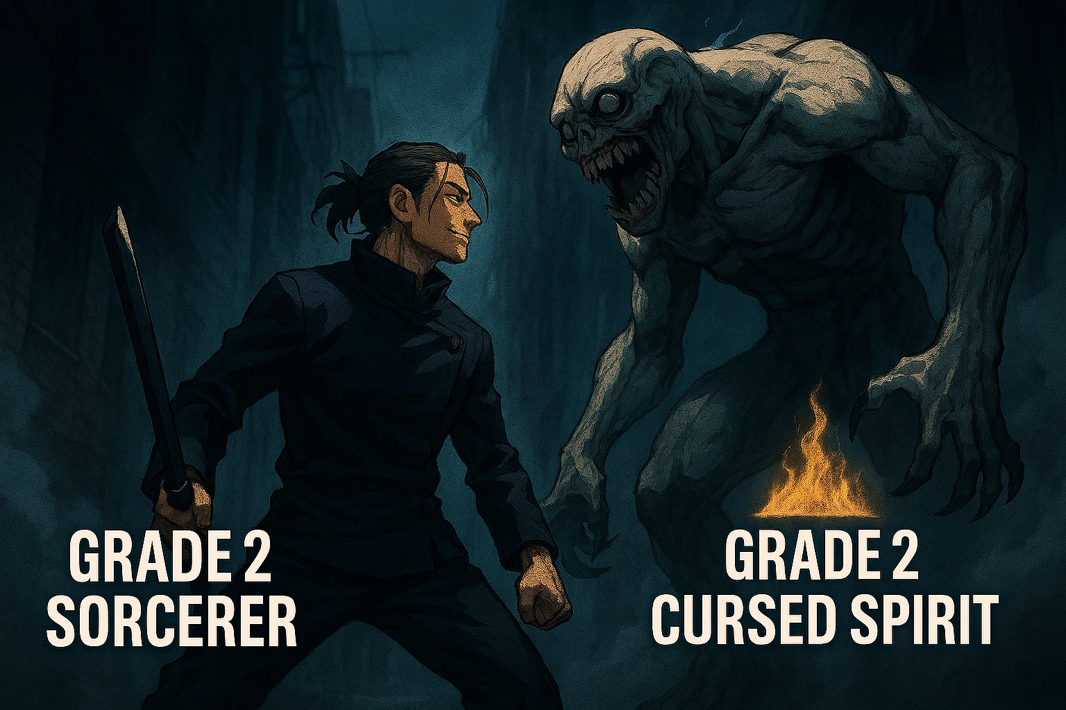 A Grade 2 Sorcerer facing a Grade 2 Cursed Spirit illustrating the Jujutsu Kaisen Grades rules.