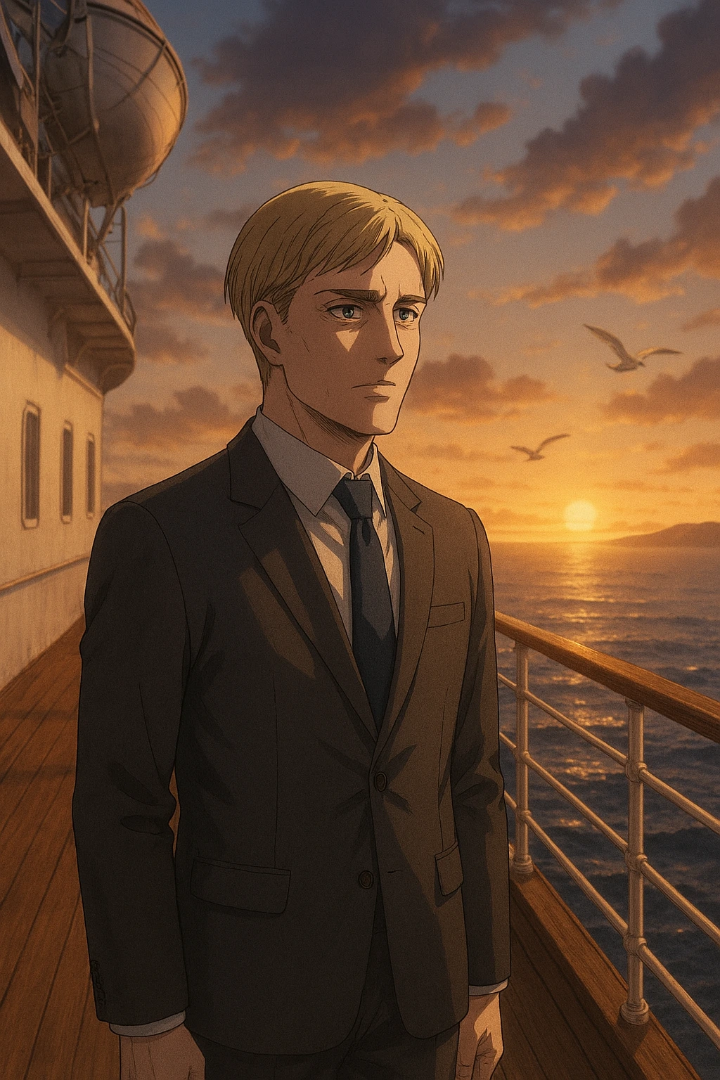 Adult Armin Arlert in a suit on a boat deck, looking towards the horizon as a diplomat of peace, the final evolution of the mind that became the ultimate weapon.