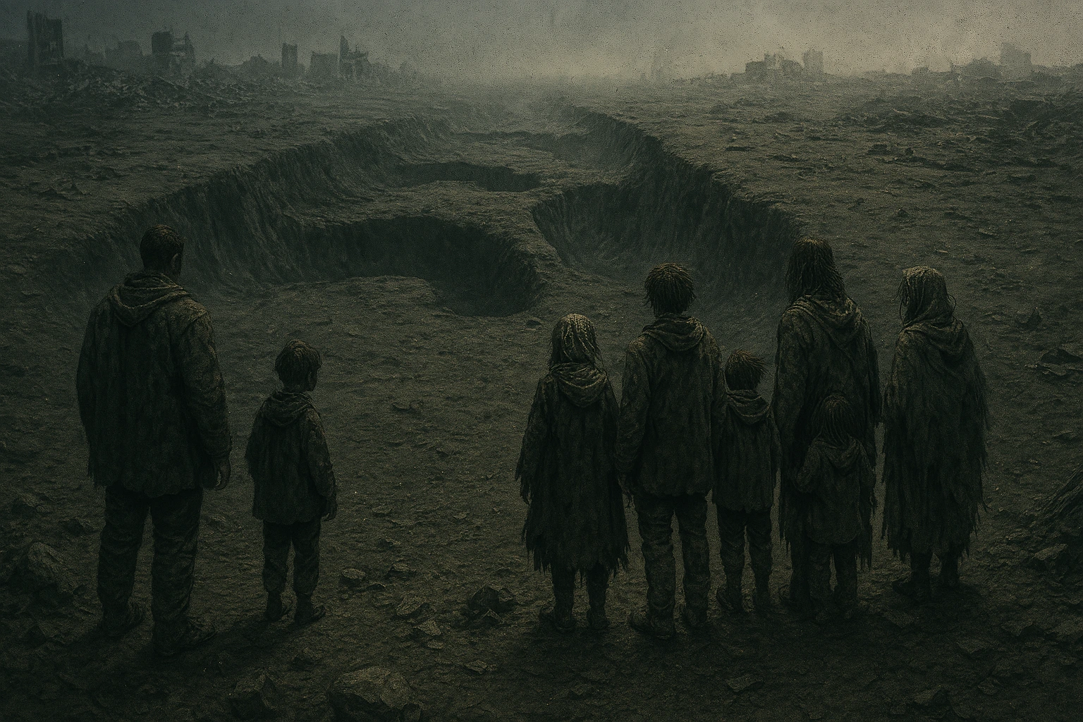 Survivors in a ruined post-apocalyptic world looking at Titan footprints, showing the long-term geopolitical impact of The Rumbling's true cost.