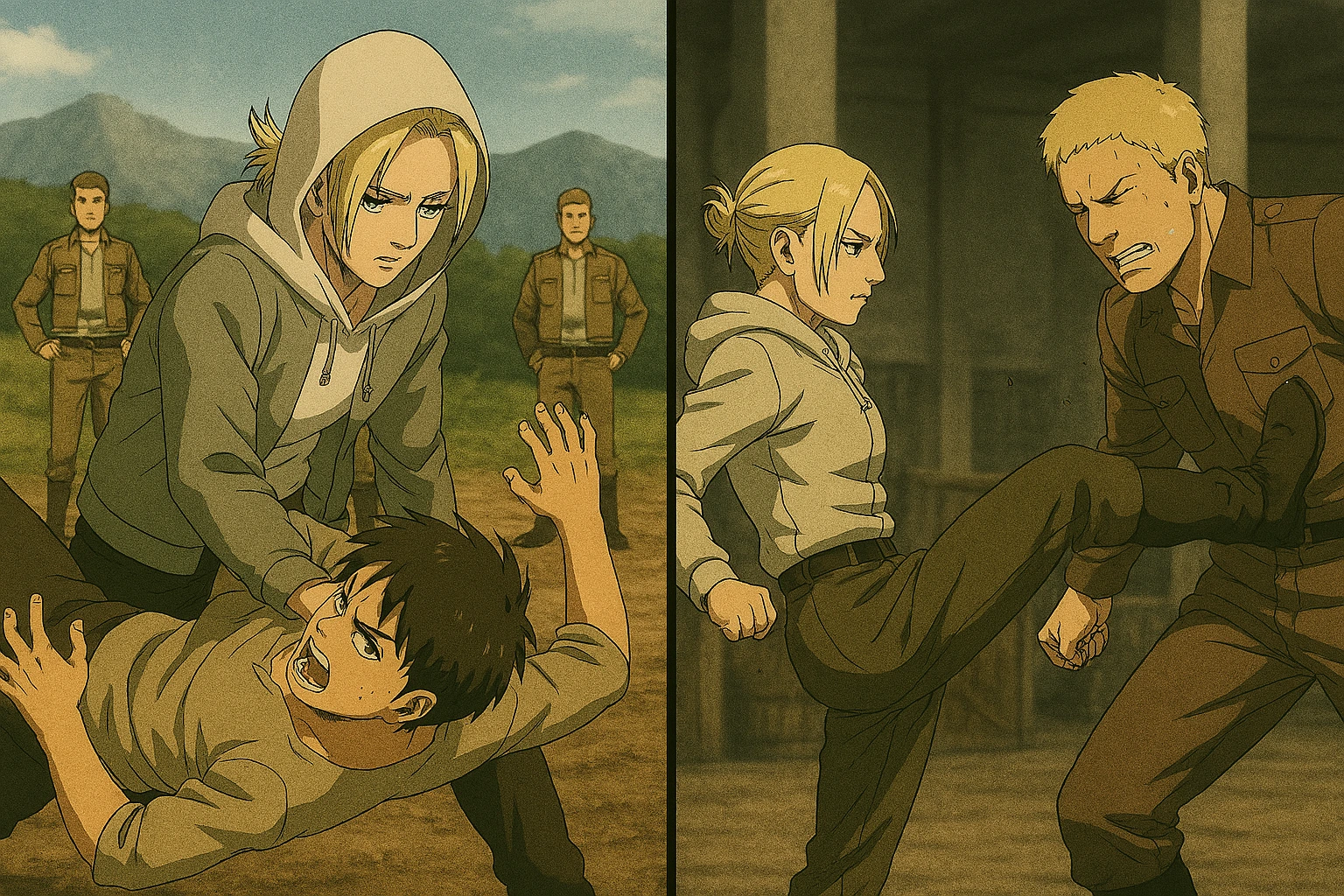 Annie Leonhart training both Eren and Reiner in hand-to-hand combat, a crucial link in understanding the Eren and Reiner Narrative Mirror in their fighting styles.