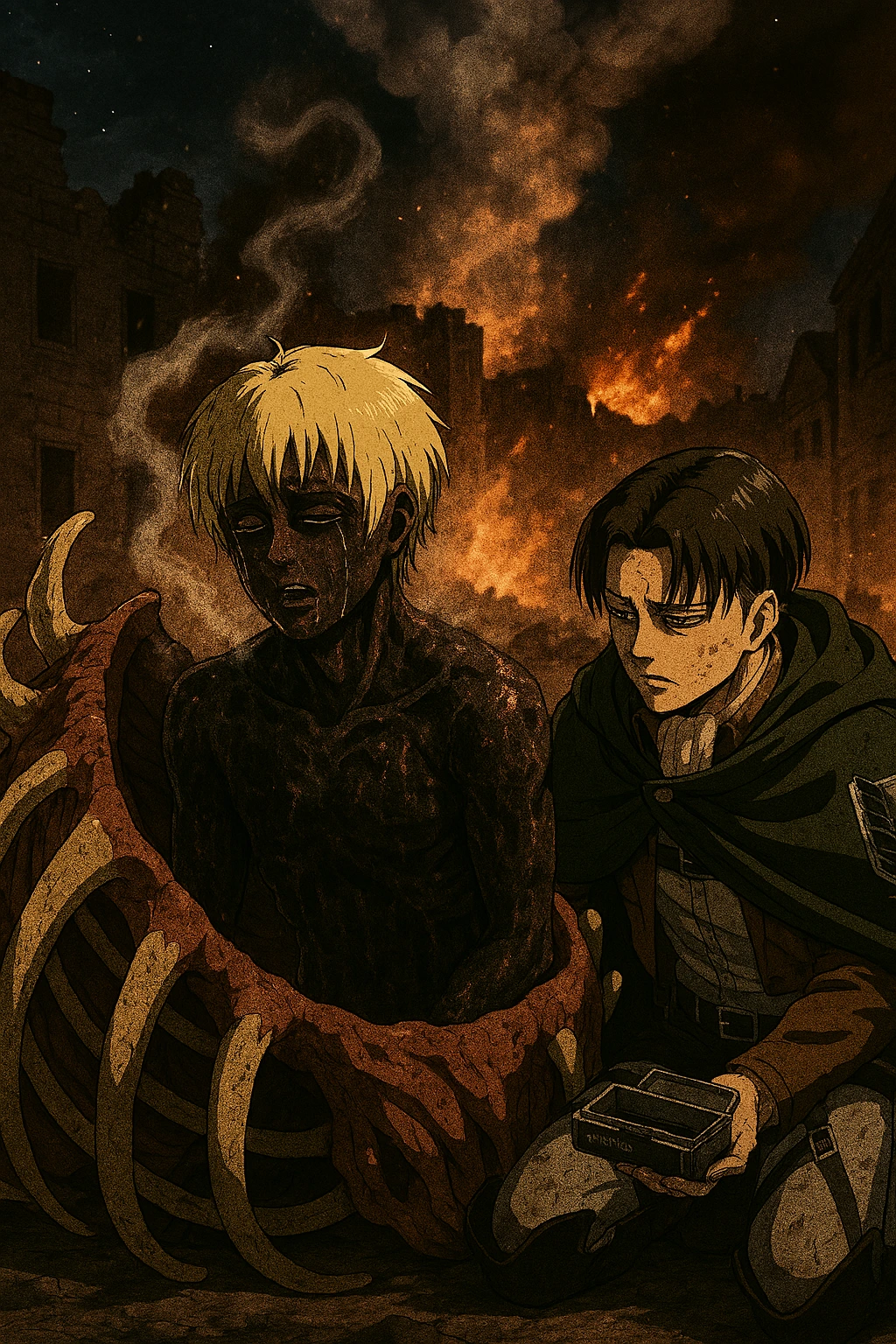 The Colossal Titan, controlled by Armin Arlert, standing amidst the burning ruins of Liberio port, demonstrating his intellect as the ultimate weapon of mass destruction.