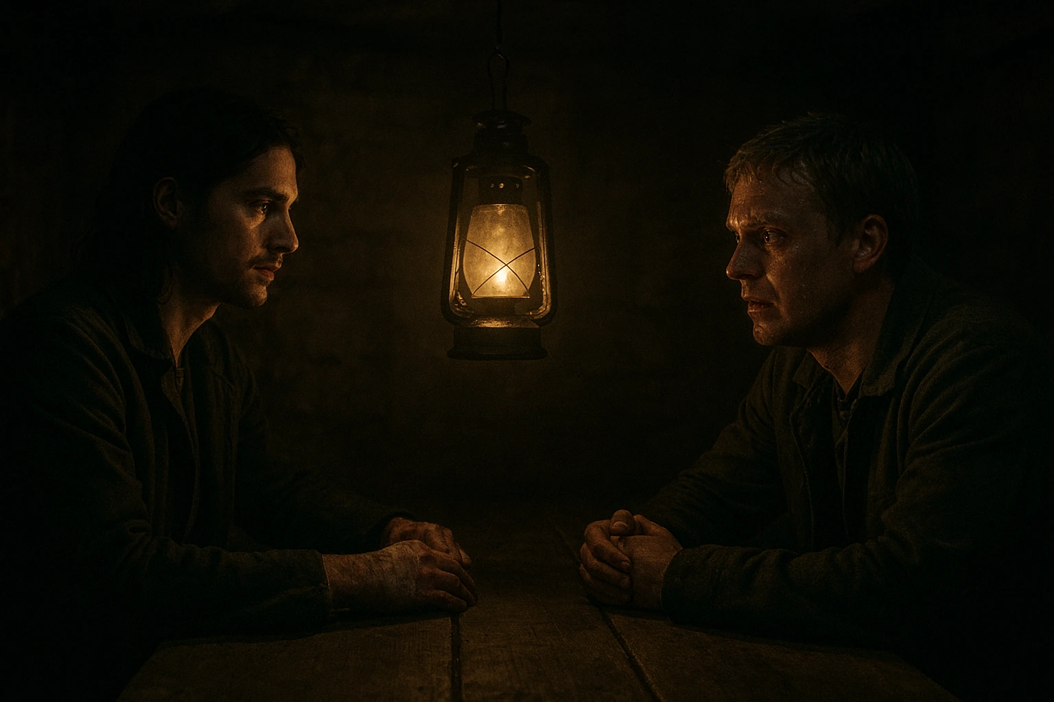 Eren Yeager and Reiner Braun sit across from each other in the dimly lit Liberio basement, illustrating the central Eren and Reiner Narrative Mirror of the series.