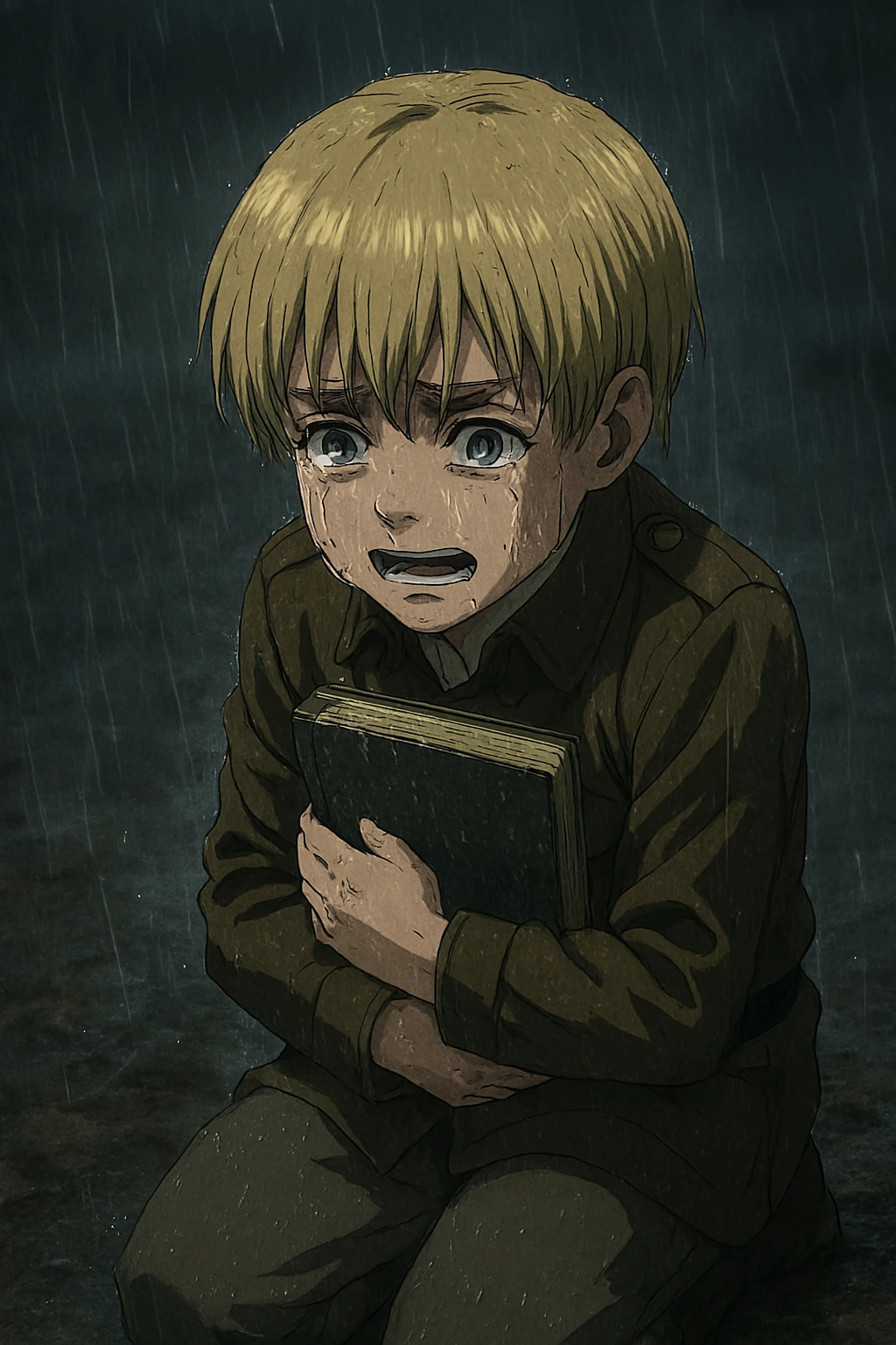 Young Armin Arlert crying in the rain, holding a book, representing the start of his journey before developing his ultimate weapon intellect.