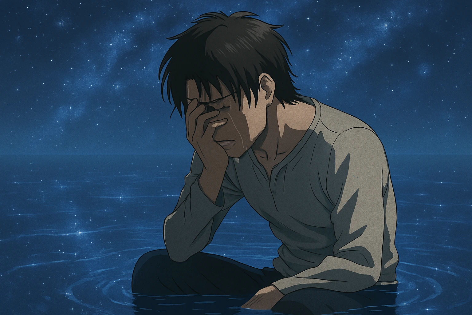 Vulnerable Eren Yeager crying in the water, showing the human cost of Eren Yeager Freedom.