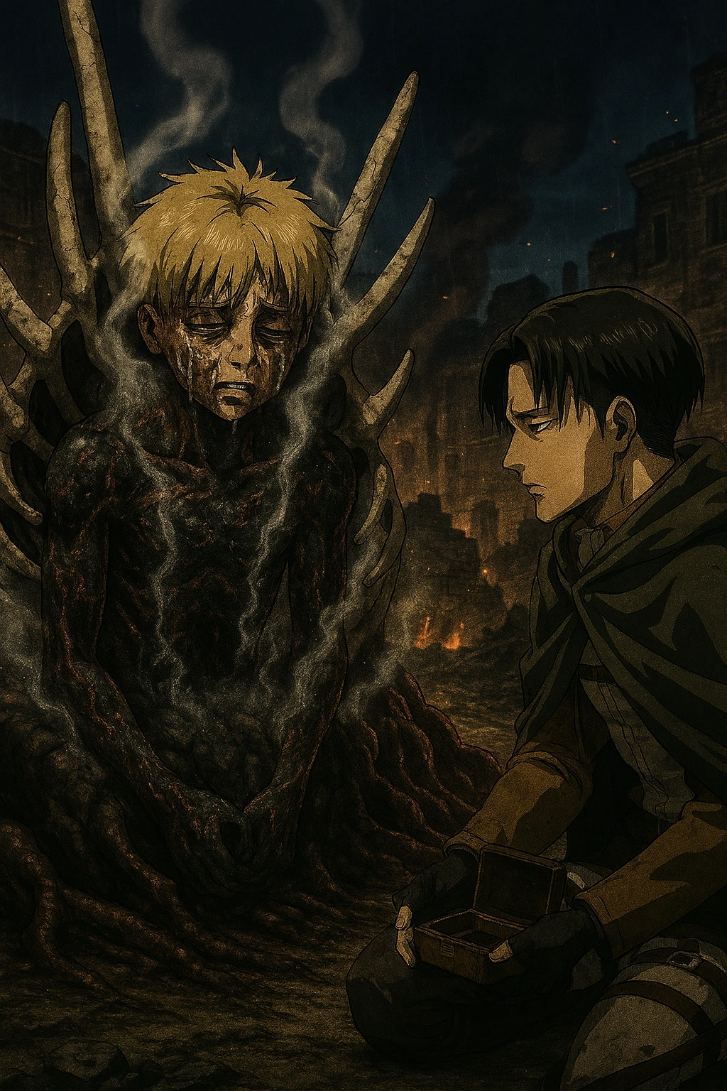 Armin Arlert emerging burned from a Titan husk, watched by Captain Levi, symbolizing the heavy burden of survival and his future role as the ultimate weapon intellect.