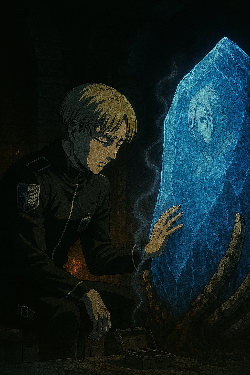 Armin Arlert sitting quietly next to Annie Leonhart's crystal in the dungeon, reflecting the complicated nature of his inherited memories and intellect.