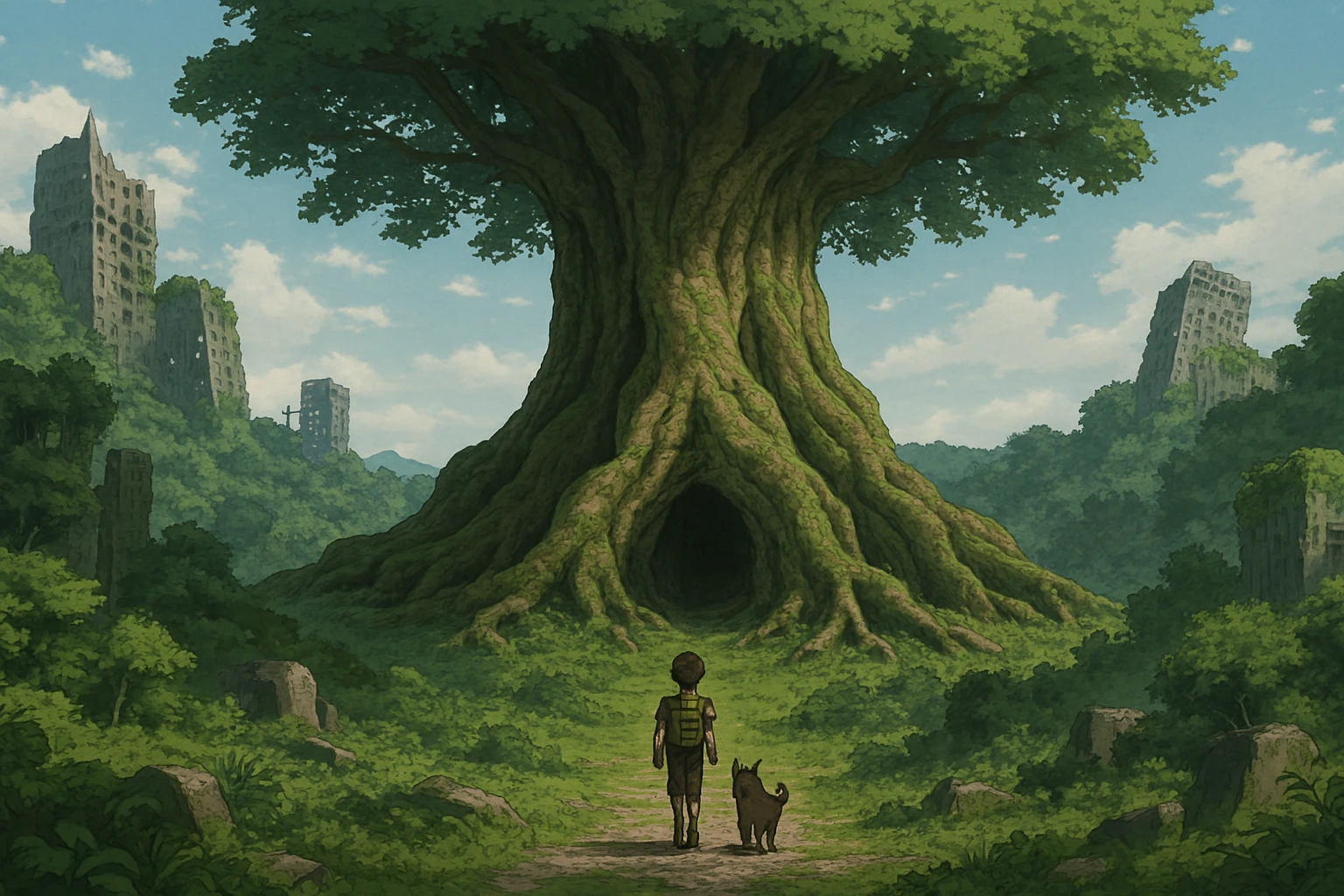 A boy and his dog approaching the giant tree, questioning the permanence of Eren Yeager Freedom