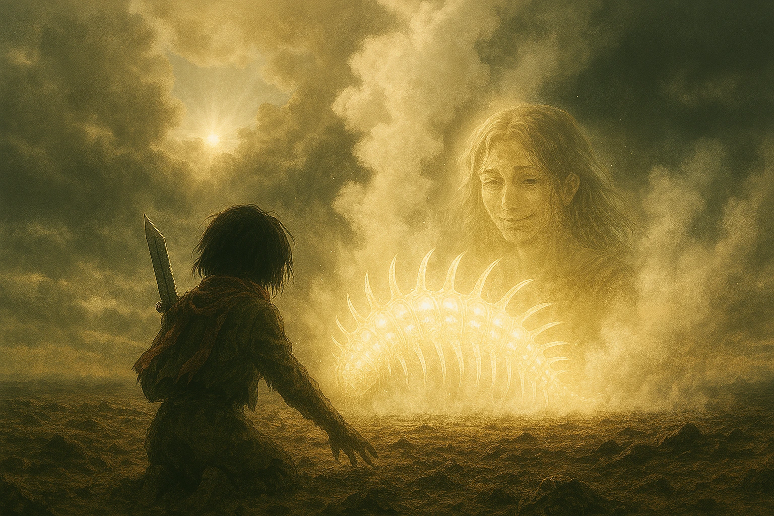 The end of Ymir Fritz tragic backstory and analysis, illustrating the giant Hallucigenia "shiny worm" creature dissolving into steam as the Titan power vanishes from the world.