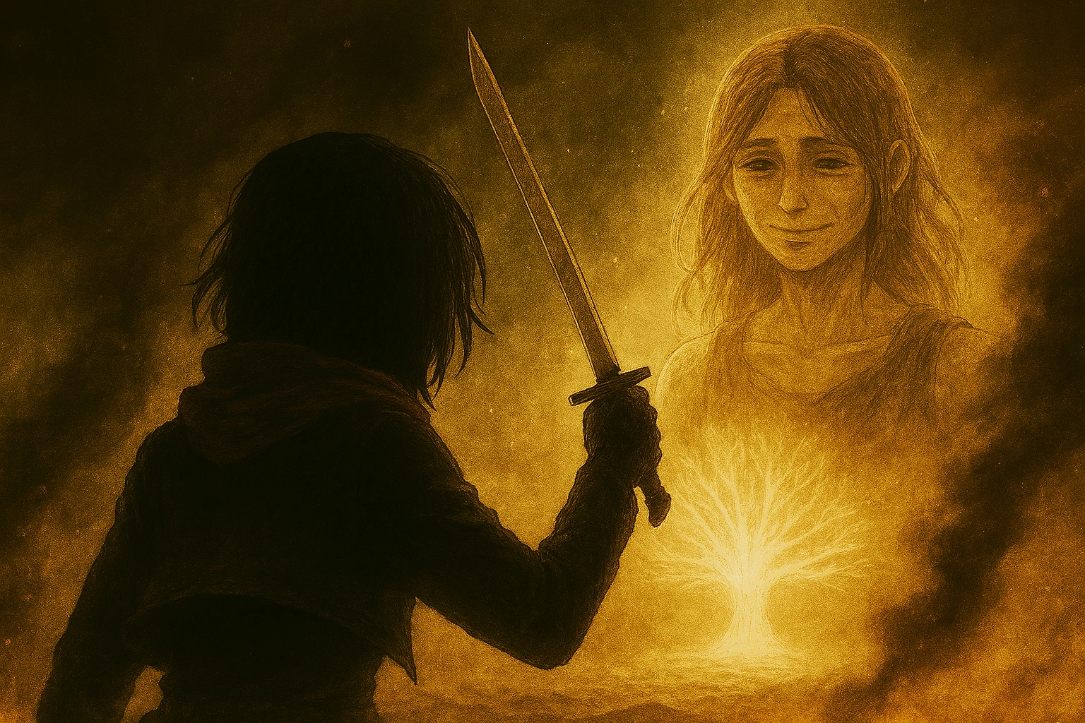 The conclusion of Ymir Fritz tragic backstory and analysis, showing a ghostly Ymir smiling as she observes Mikasa Ackerman making the choice to kill Eren.