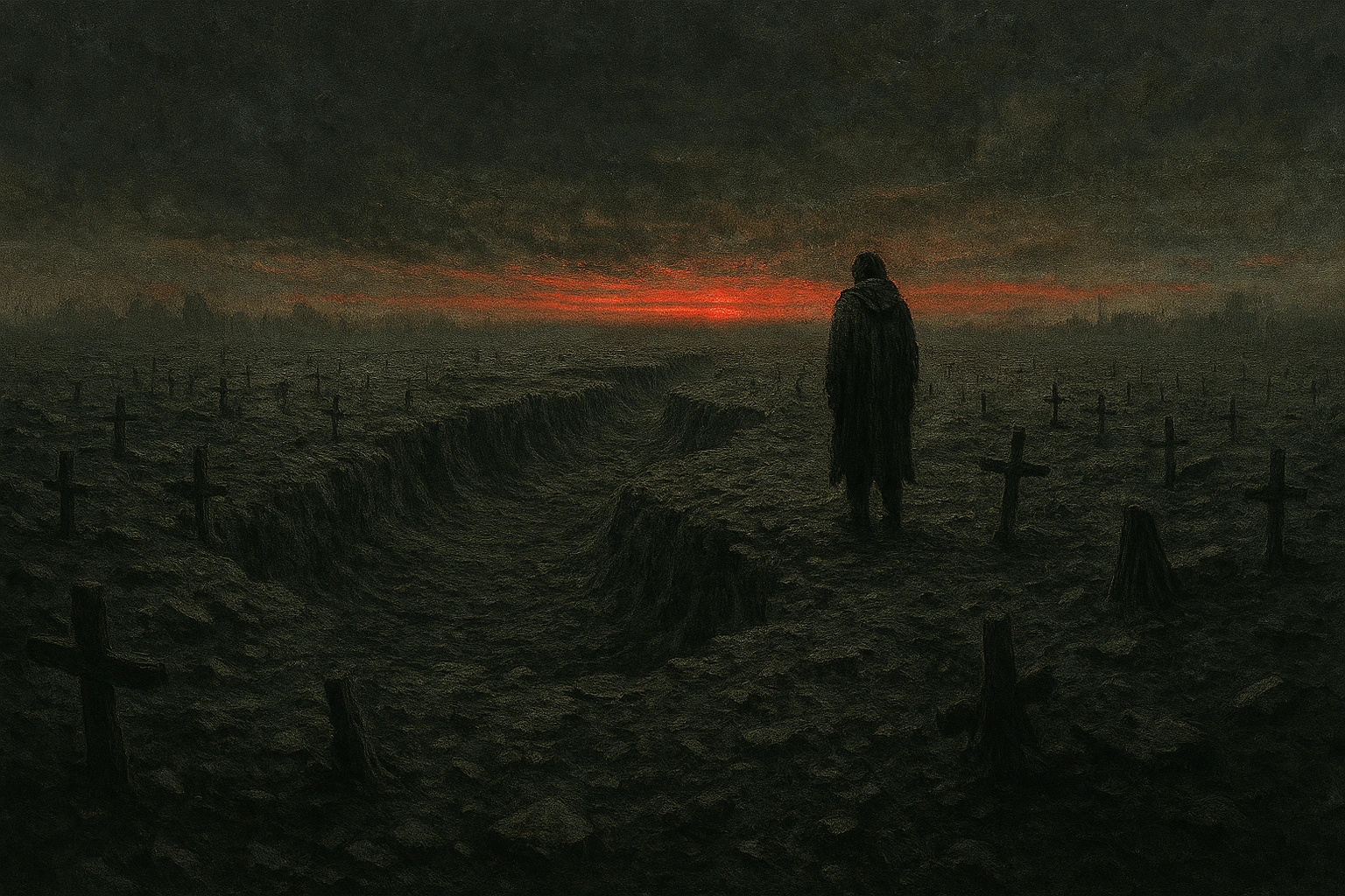 A lone figure standing in a vast field of ash and ruins, symbolizing the ultimate graveyard that is The Rumbling's true cost.