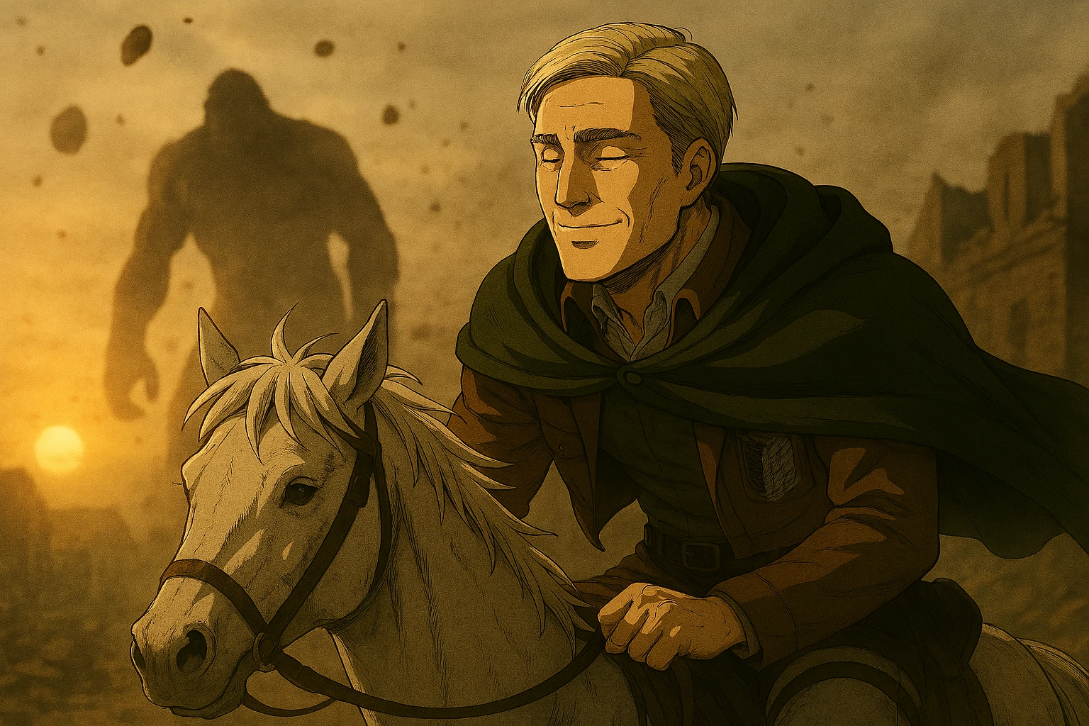 Erwin Smith smiling peacefully as he leads his final suicide charge to certain death, finally accepting his role in the Erwin Smith hero or monster narrative.