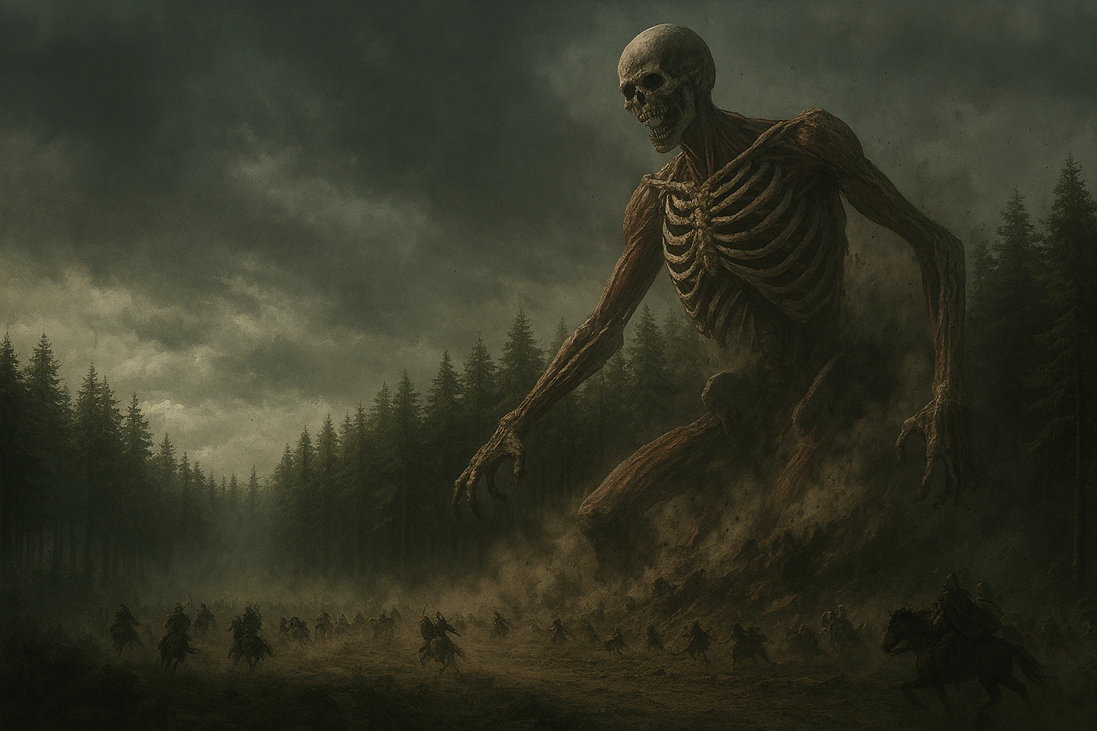 : The very first Founding Titan transformation in Ymir Fritz tragic backstory and analysis, showing a giant skeletal form bursting from a forest as ancient humans flee in terror.