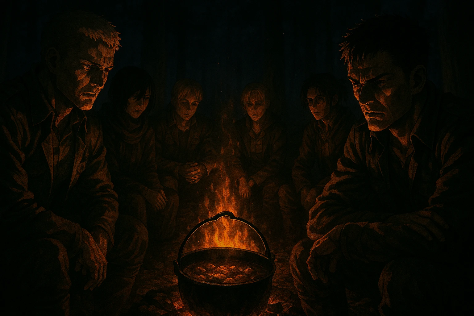 The Global Alliance in Attack on Titan members sharing a tense meal in the forest.