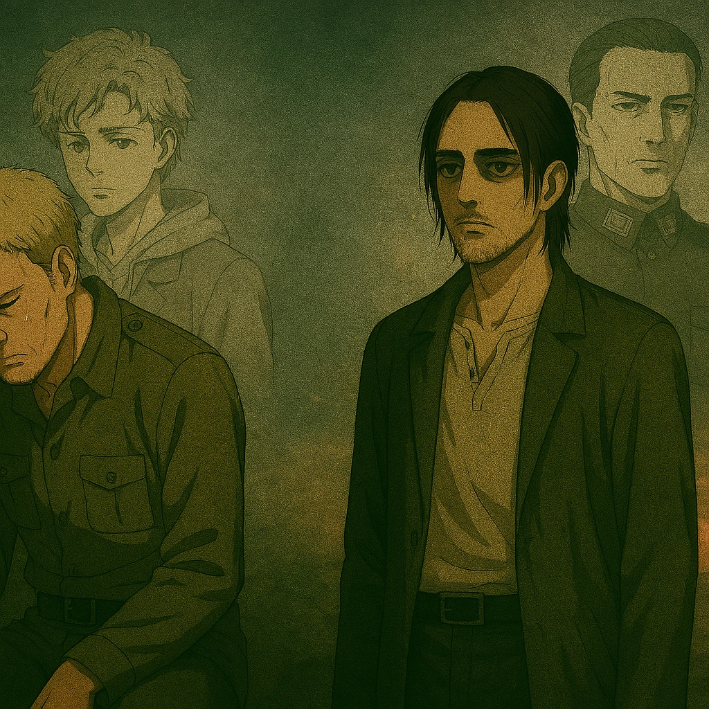 Spectral figures of Marcel Galliard behind Reiner and Eren Kruger behind Eren, emphasizing the inherited burdens and history in the Eren and Reiner Narrative Mirror.