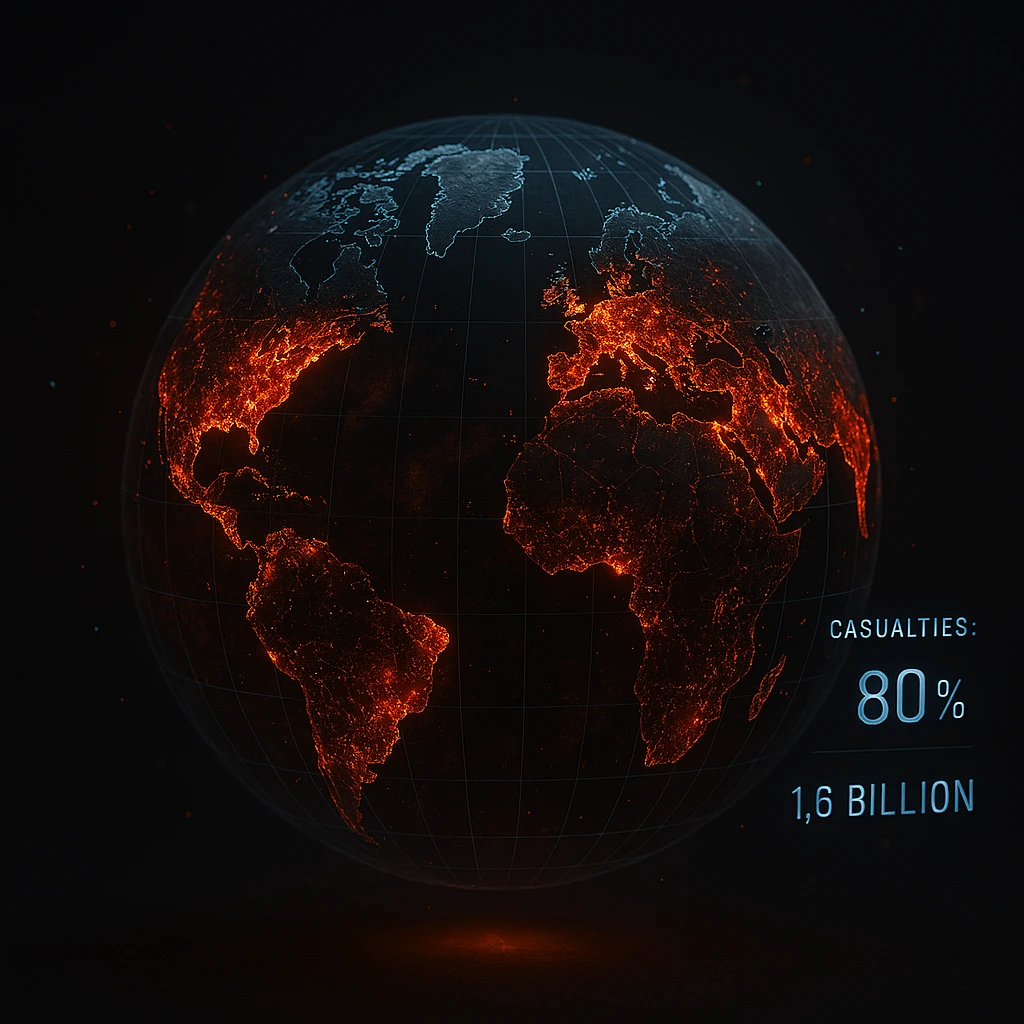 A holographic globe visualization showing 80% of the world map burning, illustrating The Rumbling's true cost in human lives.