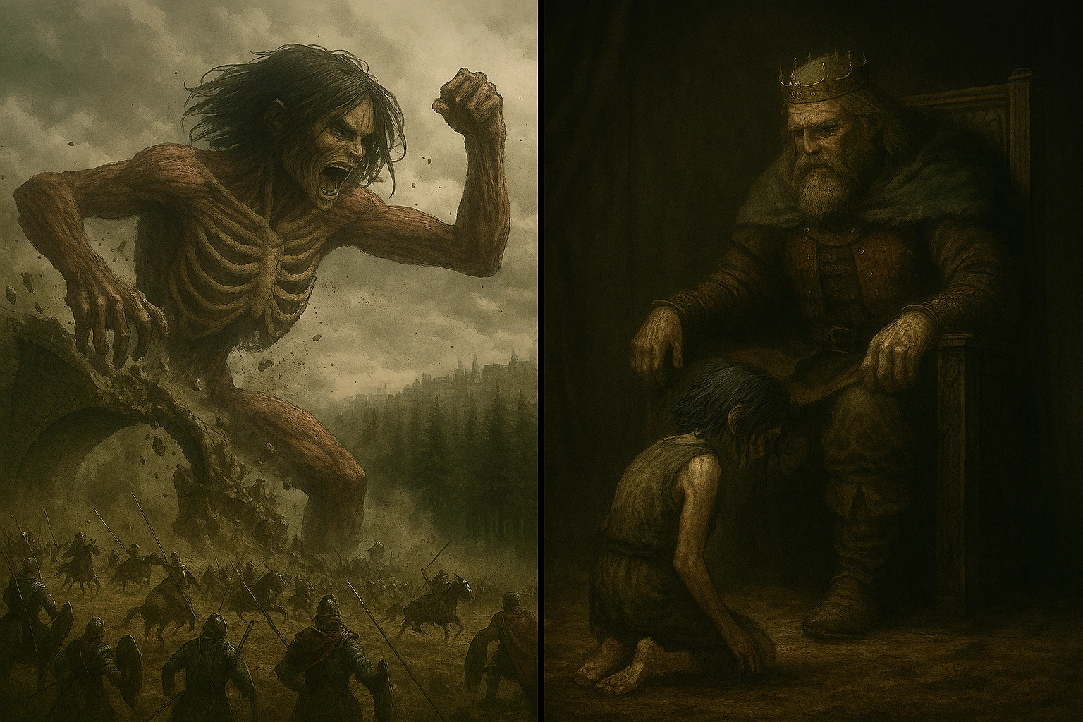 A split visual representation for Ymir Fritz tragic backstory and analysis, contrasting her immense power as a Titan crushing armies versus her submission as a small child kneeling before King Fritz.
