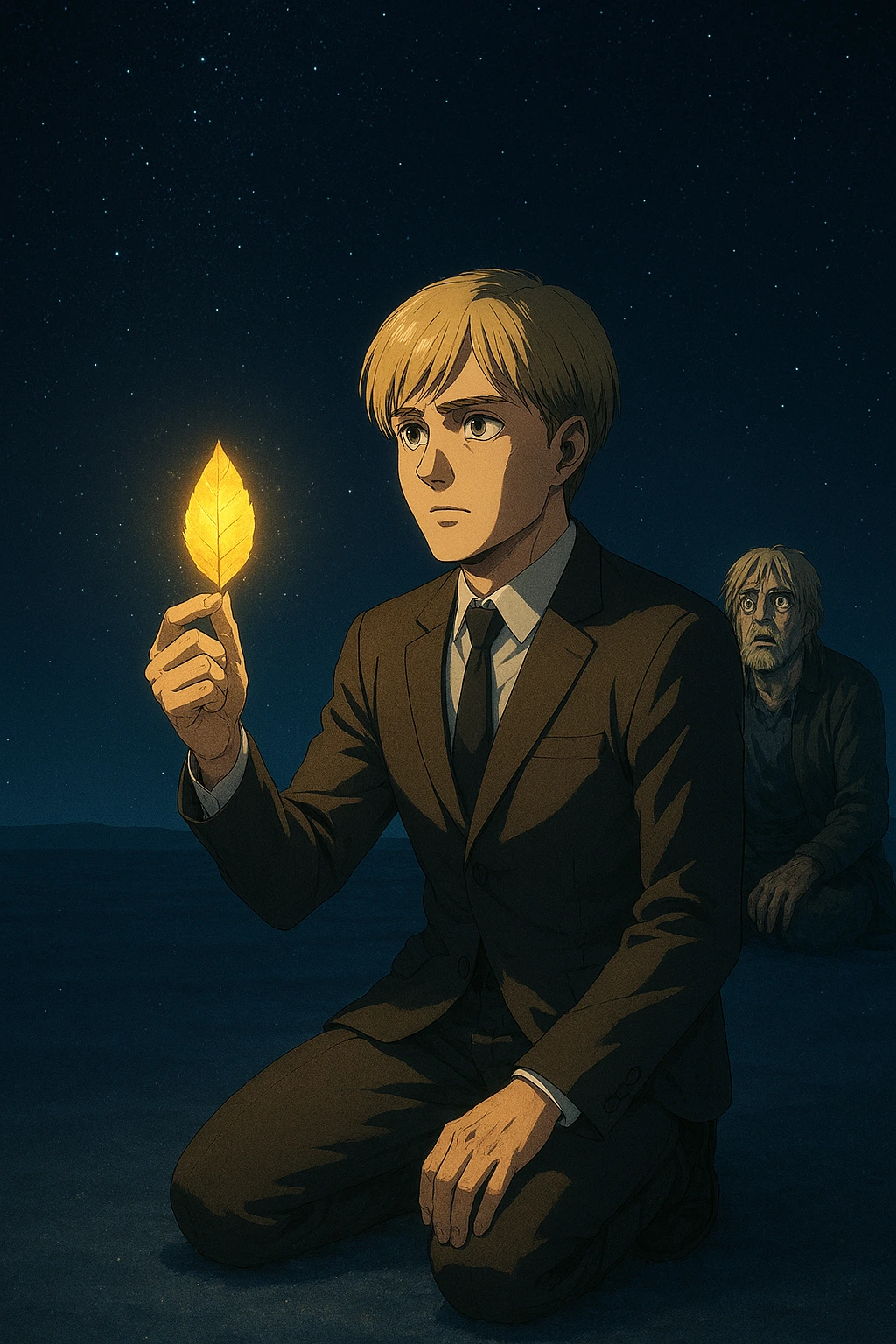 Armin Arlert holding a glowing leaf in the dark dimension of The Paths, using his intellect to convince Zeke Yeager about the meaning of life.