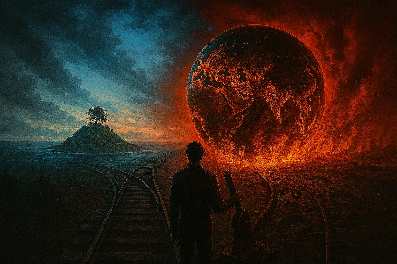Conceptual art of Eren Jaeger facing a massive moral choice between Paradis and the world, symbolizing The Rumbling's true cost