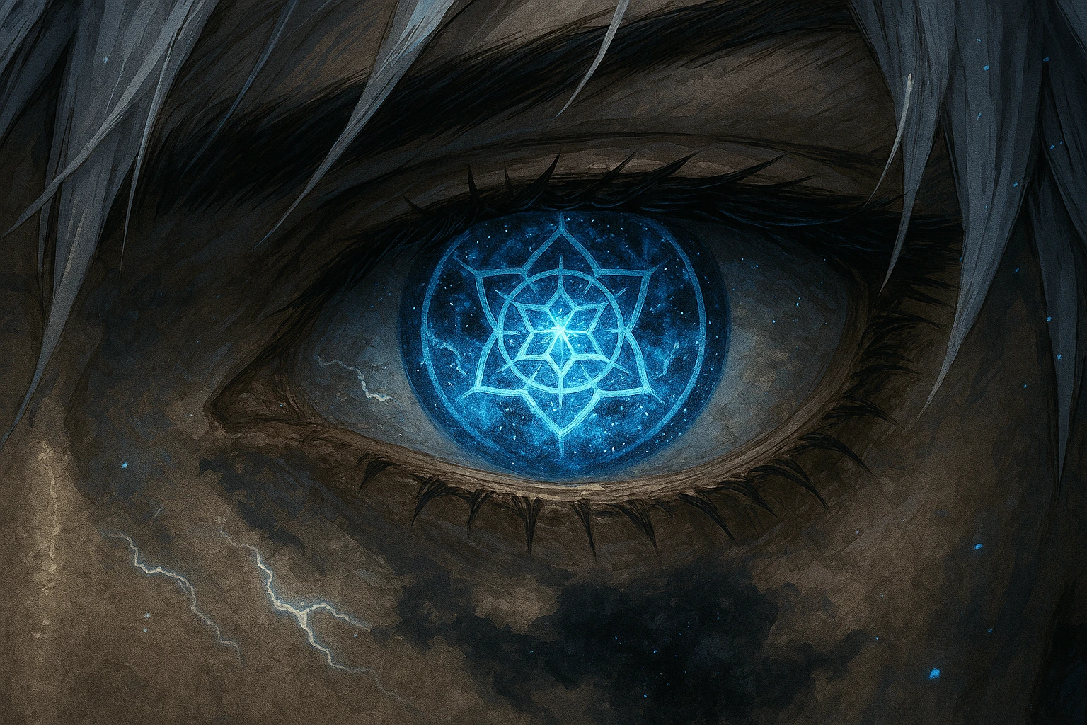 Close up of the Six Eyes ability from the Jujutsu Kaisen Big Three Families Gojo Clan.