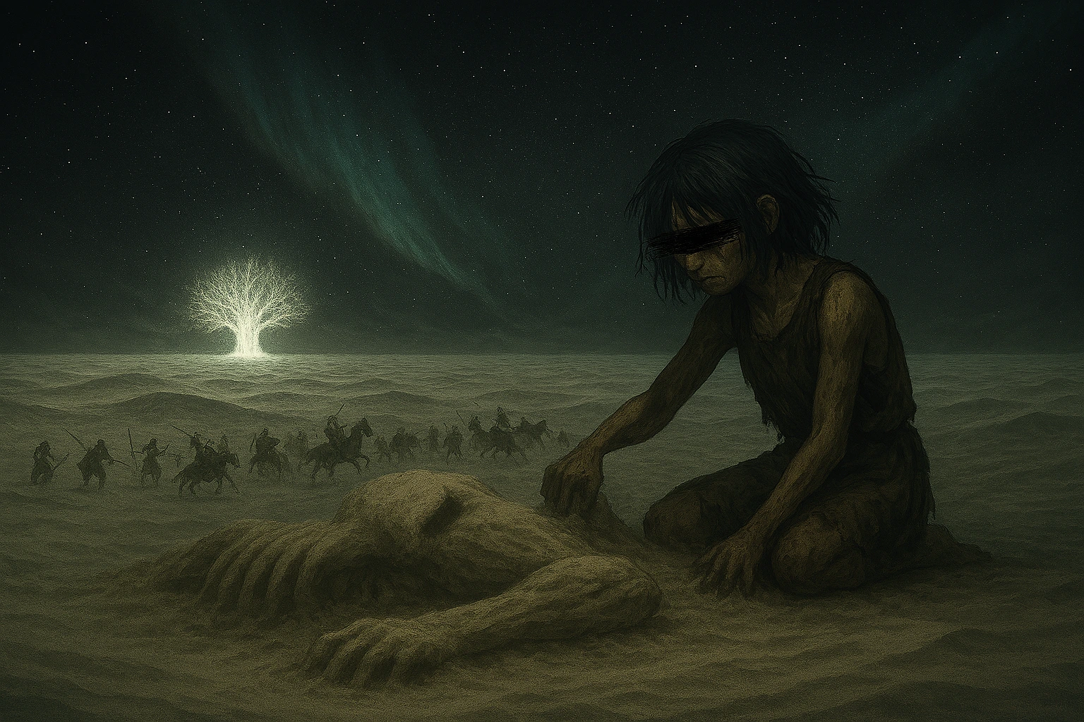 Ymir Fritz tragic backstory and analysis depicts her alone in the endless Paths dimension, sculpting a Titan body from sand near the glowing Coordinate tree, with her eyes obscured.