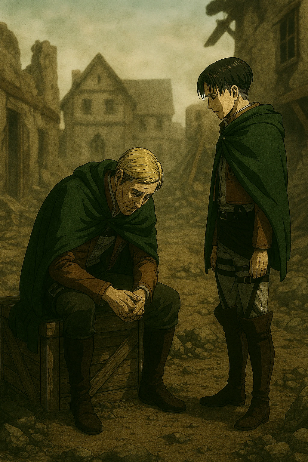 A defeated Erwin Smith sitting slumped on a crate confessing his selfish dream to Levi Ackerman, a pivotal turning point in deciding if Erwin Smith was a hero or monster.