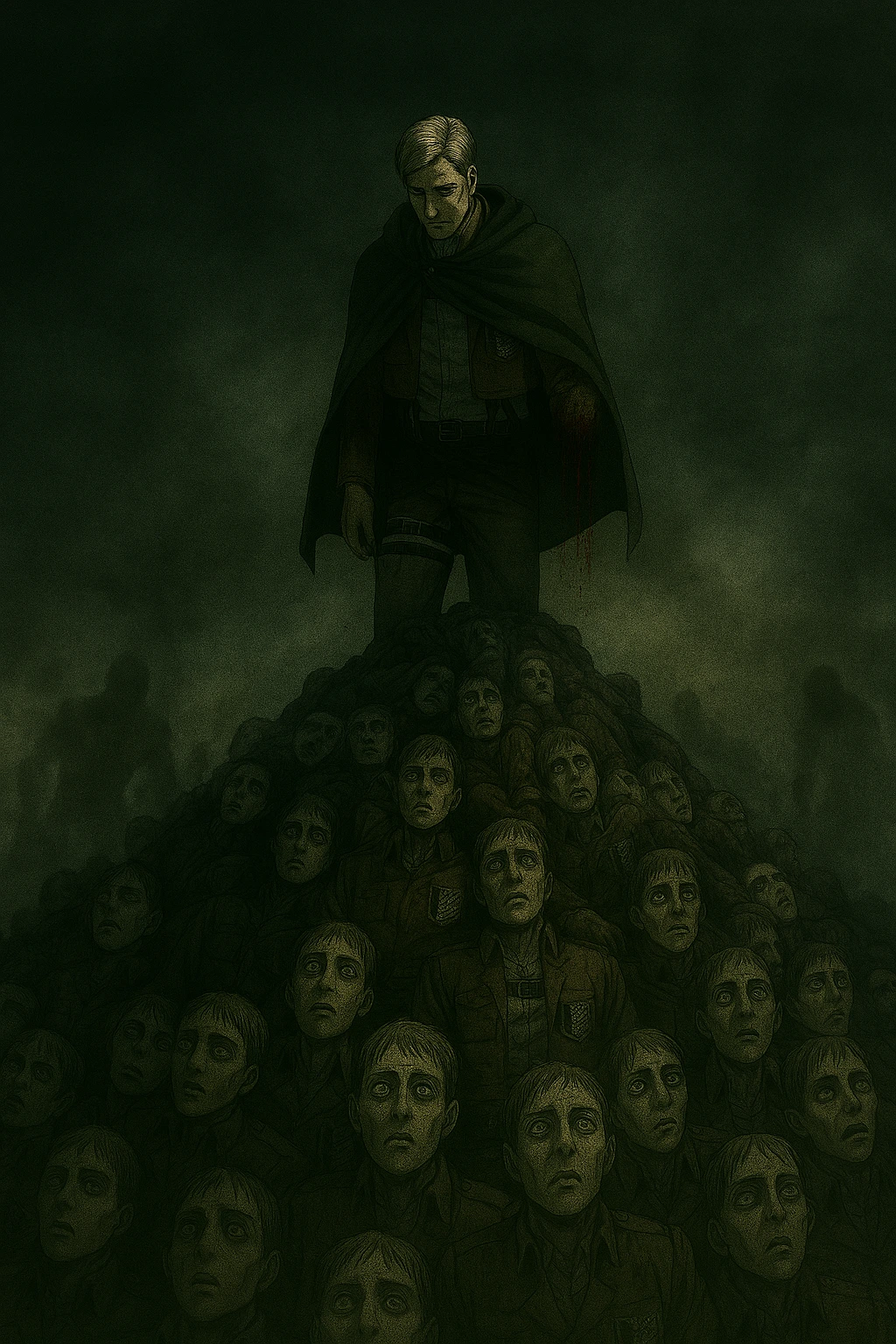 Erwin Smith hallucinating himself standing atop a massive mountain of corpses of the soldiers he sacrificed, a visual representation of the guilt at the heart of the Erwin Smith hero or monster dilemma.