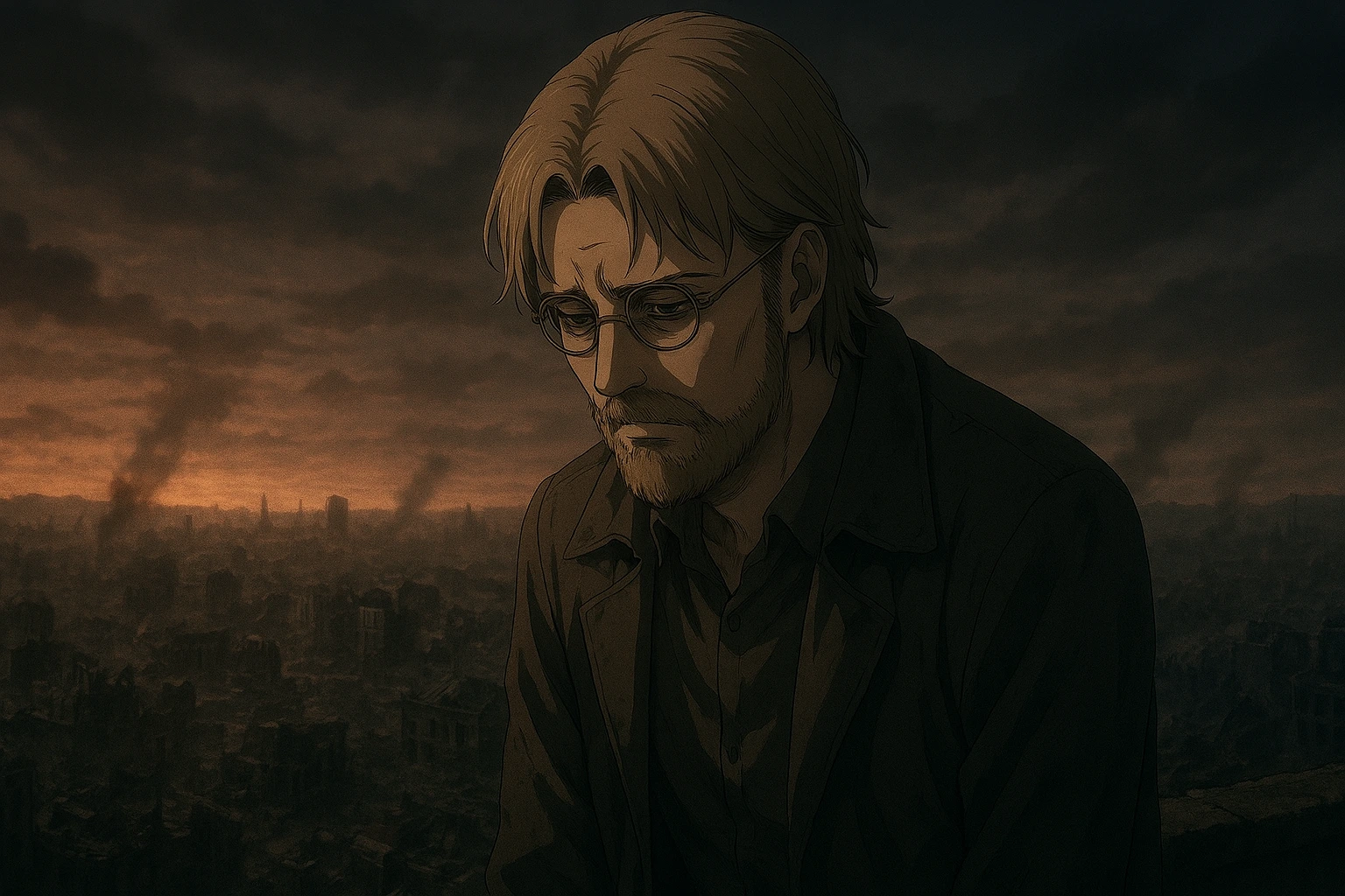 Adult Zeke Yeager contemplating the suffering of the world, representing his philosophy of salvation through non-existence.