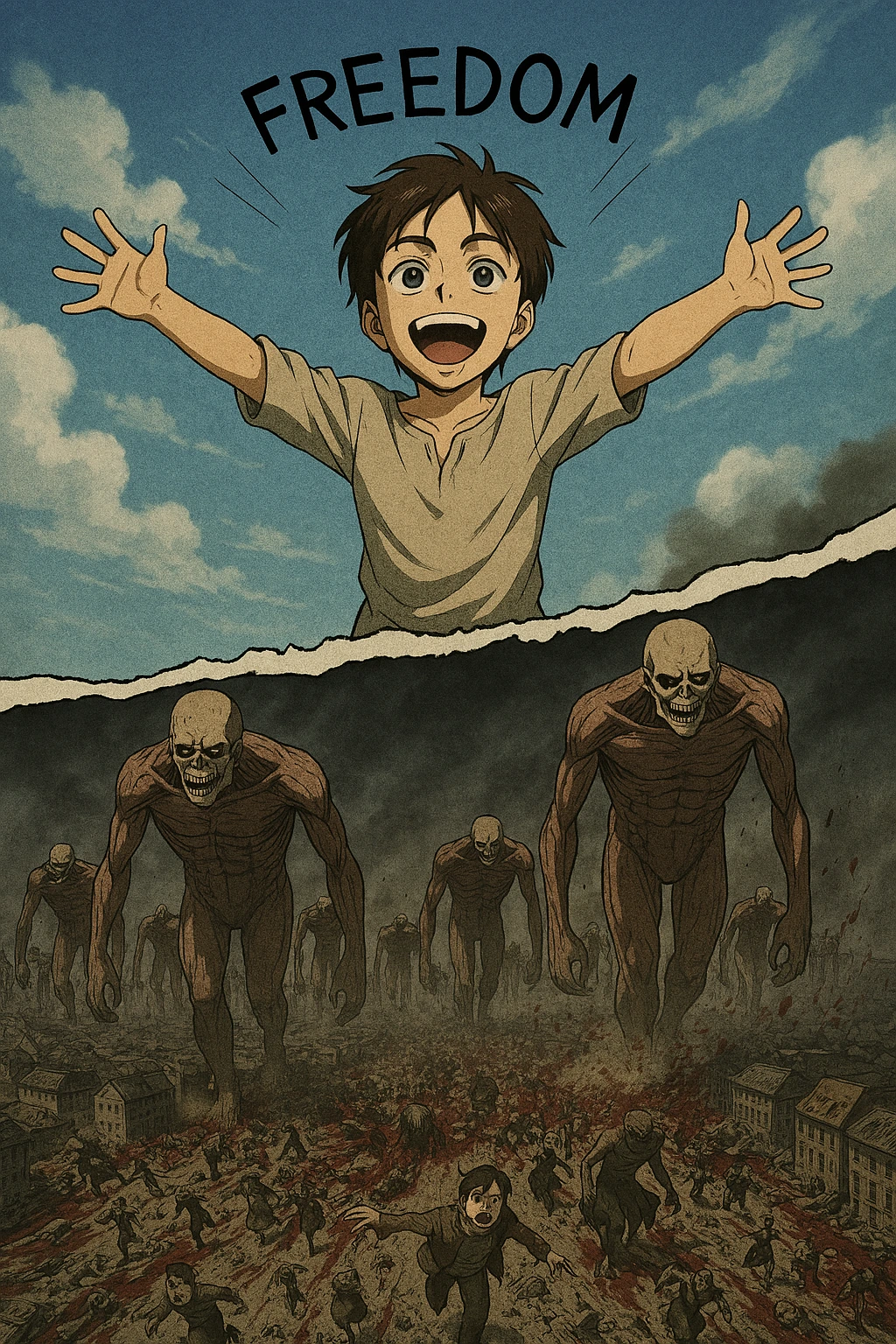 A split image showing Child Eren smiling in the clouds versus the horrific reality below, illustrating the psychological toll and The Rumbling's true cost.