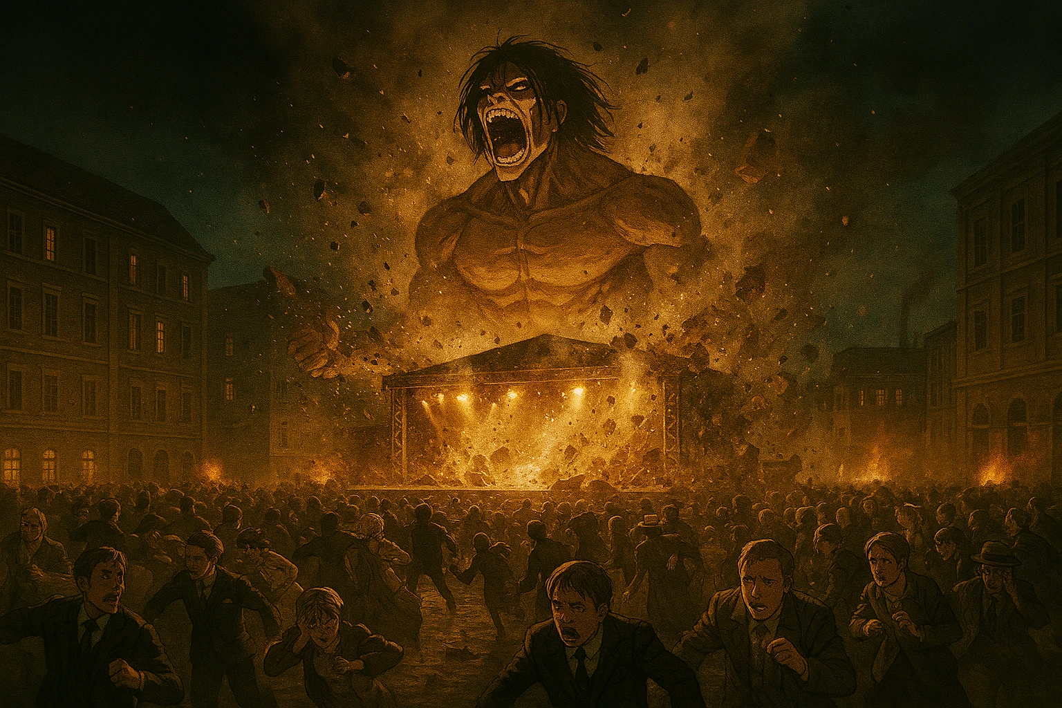The Attack Titan bursts through the stage in Liberio, mirroring the initial attack on Paradis and showcasing the brutal Eren and Reiner Narrative Mirror in narrative structure.