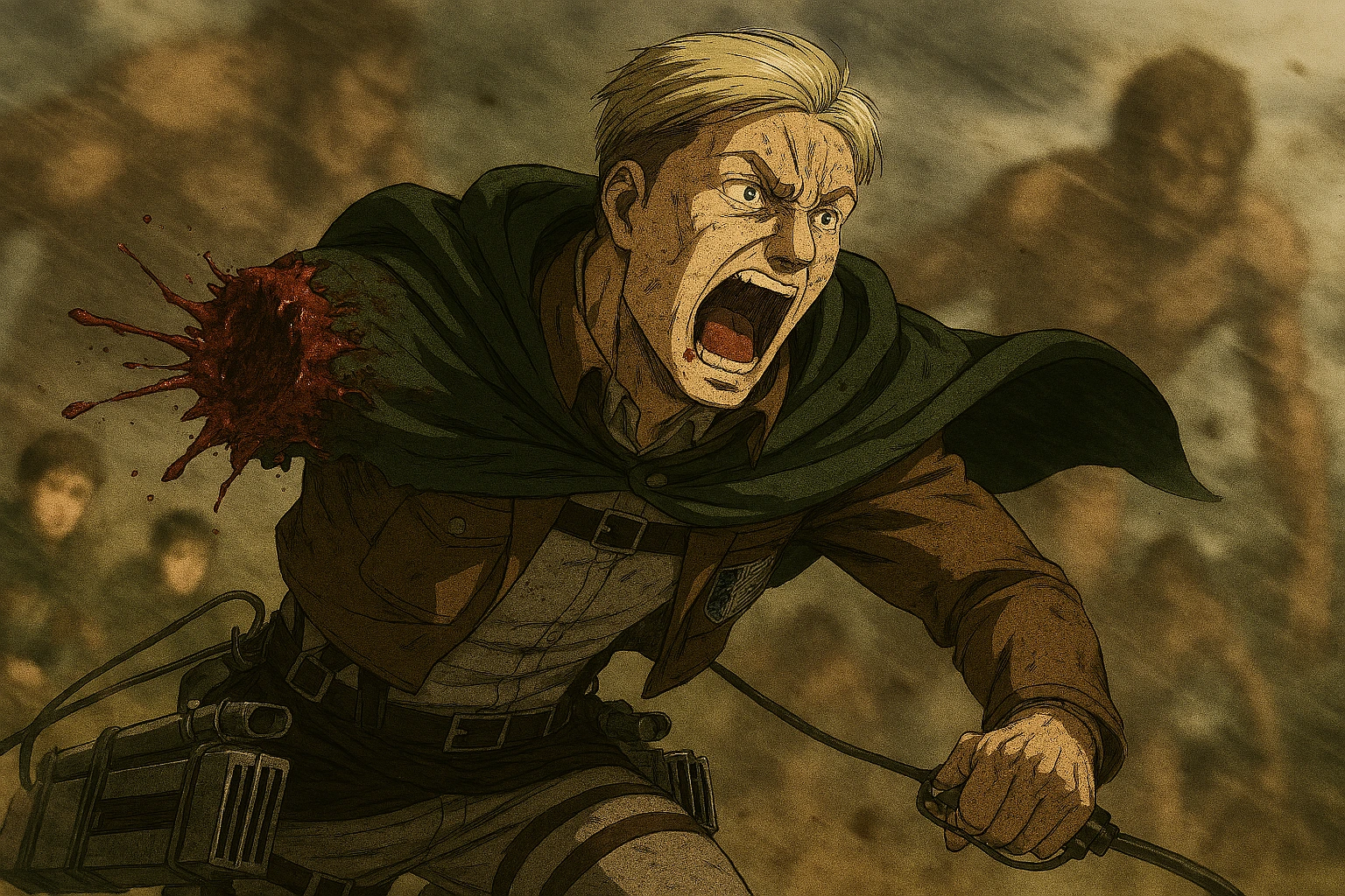 Erwin Smith screaming the order to "Advance" immediately after having his right arm bitten off by a Titan, demonstrating the ruthless fortitude that makes people question if Erwin Smith was a hero or monster.