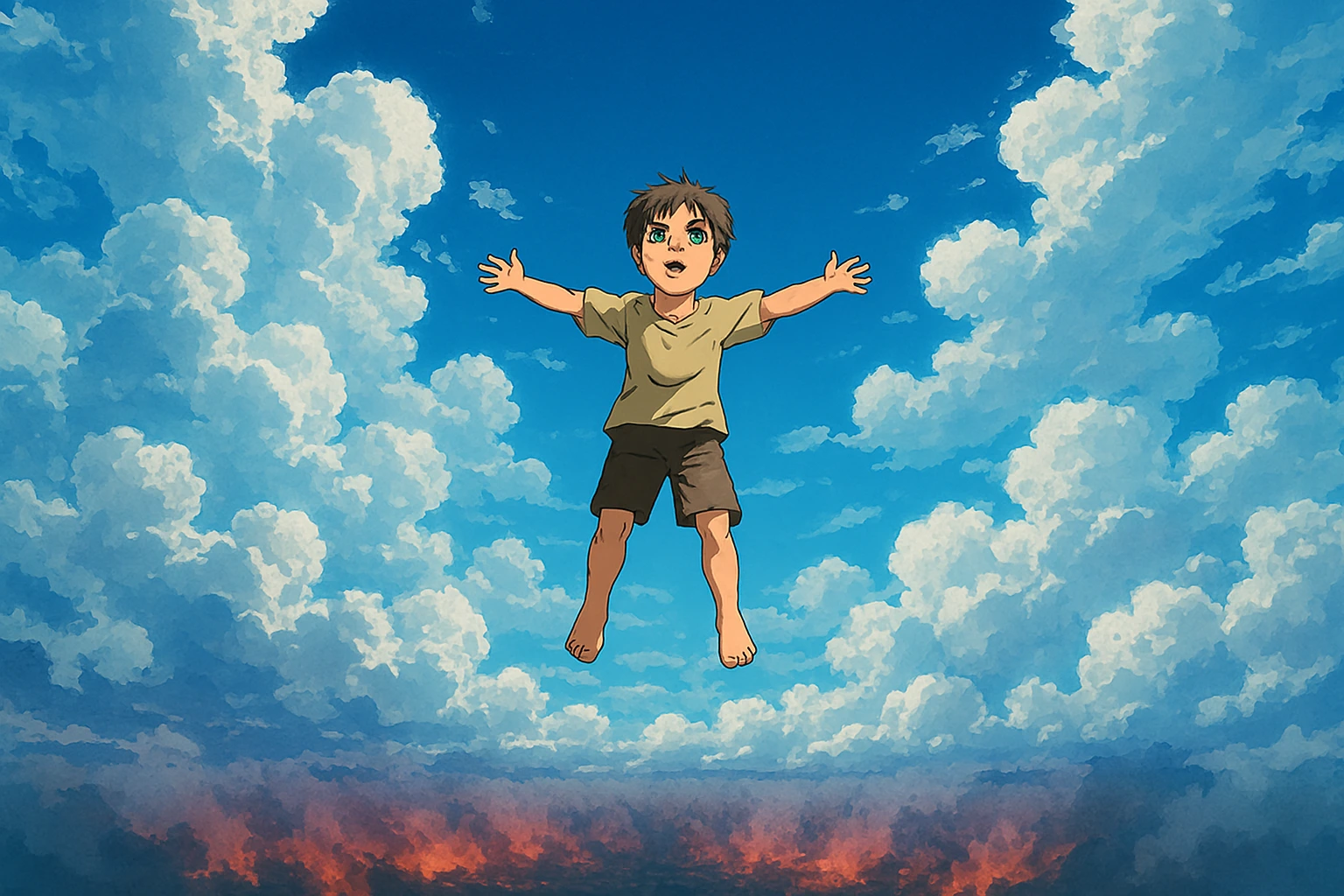 Kid Eren floating in the sky representing Eren Yeager Freedom concept during the Rumbling.