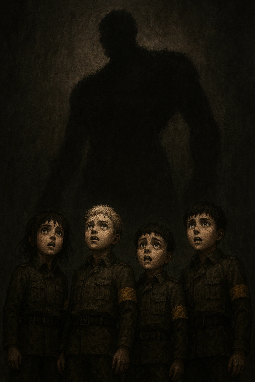 Warrior candidates Gabi Falco Reiner and Bertolt looking up at the shadow of the Armored Titan. Eldian Restorationists vs Marleyan Warriors