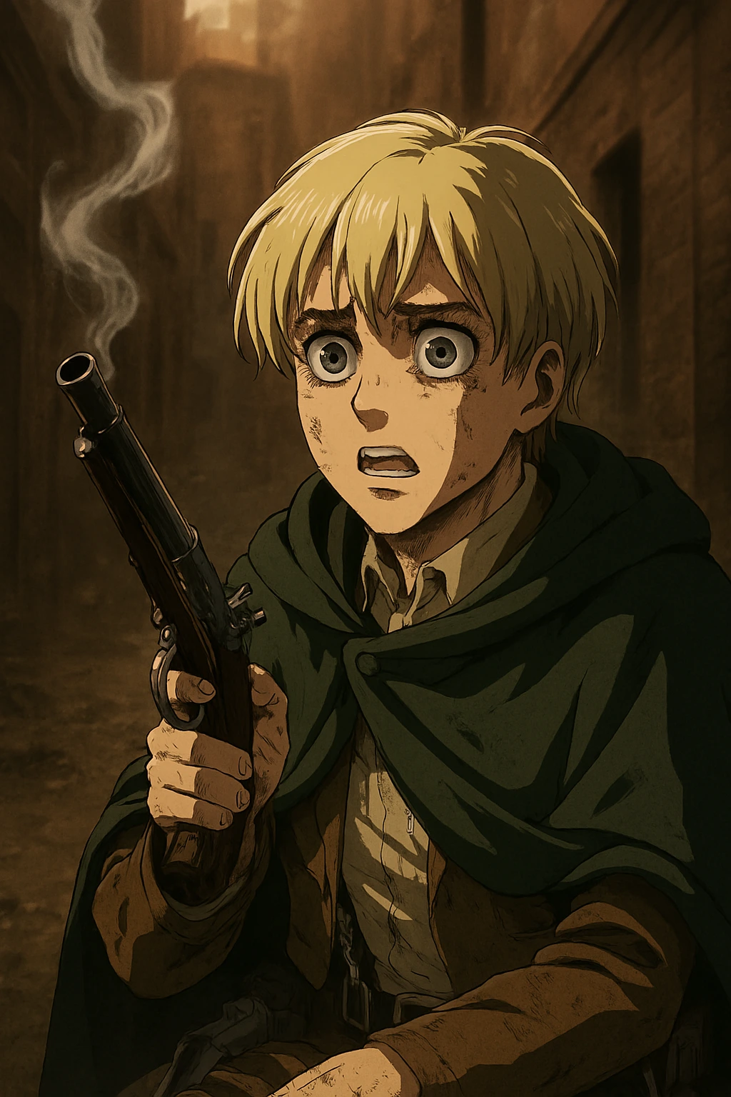 Armin Arlert holding a smoking flintlock pistol with a shocked expression during the Uprising arc, marking the dark turn of his strategic intellect.