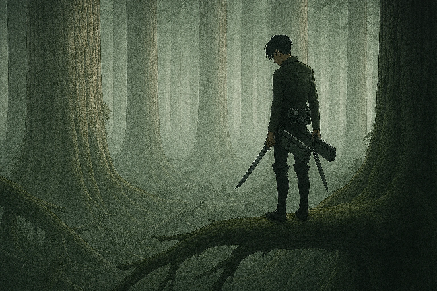 Levi Ackerman standing alone in the forest, mourning the loss of his comrades.