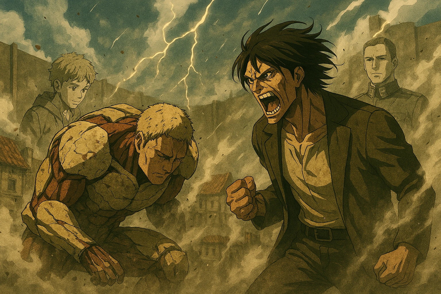 A conceptual image showing the human forms of Eren and Reiner in the foreground with their respective Titans clashing in the background, symbolizing the shield versus spear dynamic in the Eren and Reiner Narrative Mirror.