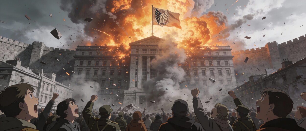The explosion of Darius Zackly's office marking the start of the Yeagerists Attack on Titan uprising.