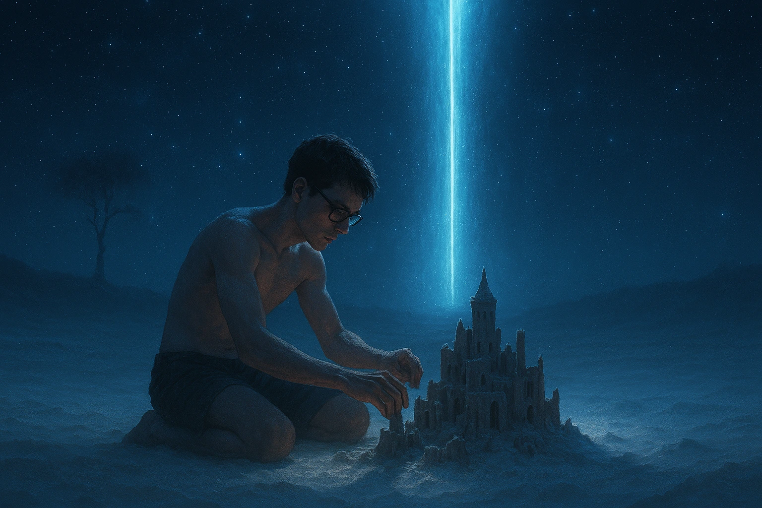 Zeke Jaeger building a sandcastle in the Paths dimension near the coordinate tree. Eldian Restorationists vs Marleyan Warriors