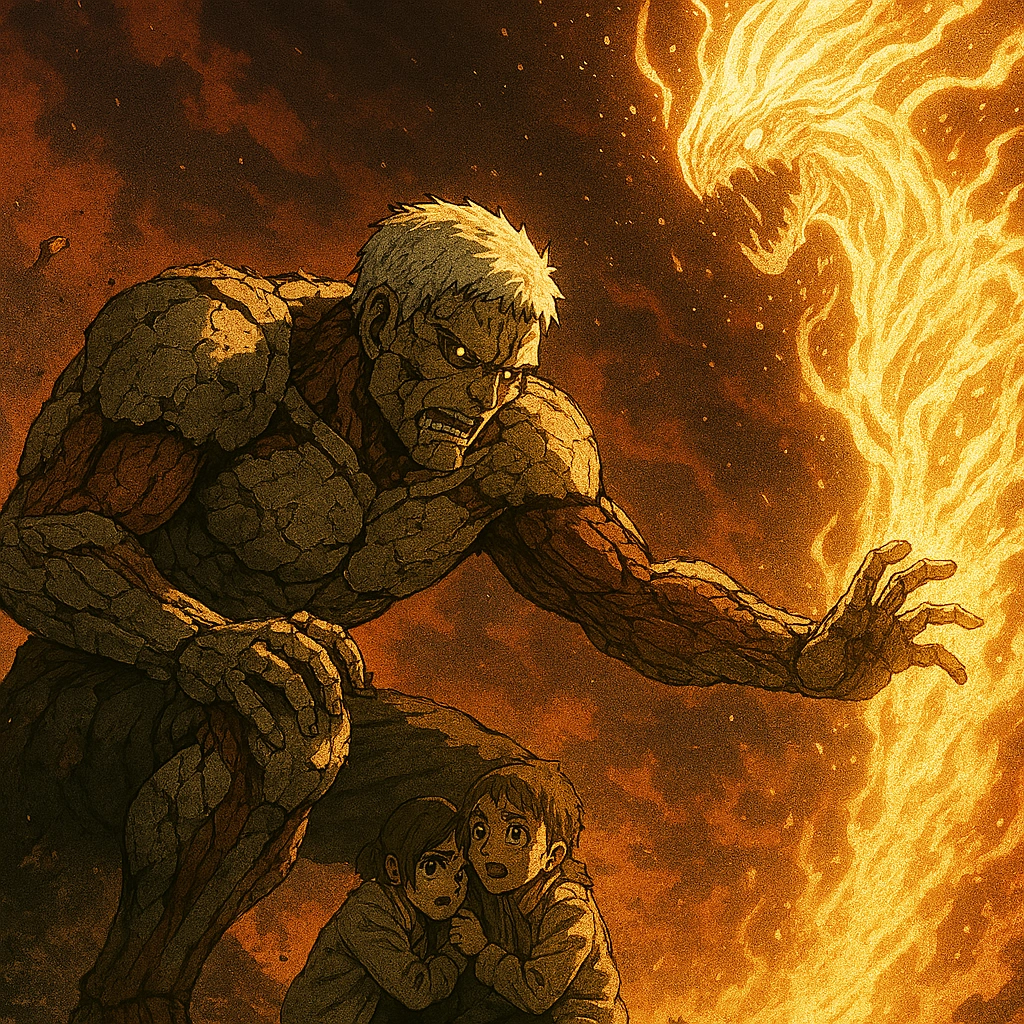 The battle-damaged Armored Titan of Reiner Braun using his last strength to shield Gabi and Falco, showing endurance despite his broken mind