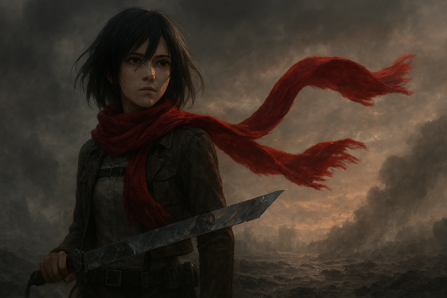 A cinematic view of Mikasa Ackerman redefining loyalty amidst the Rumbling, holding her blade with her red scarf blowing in the wind.