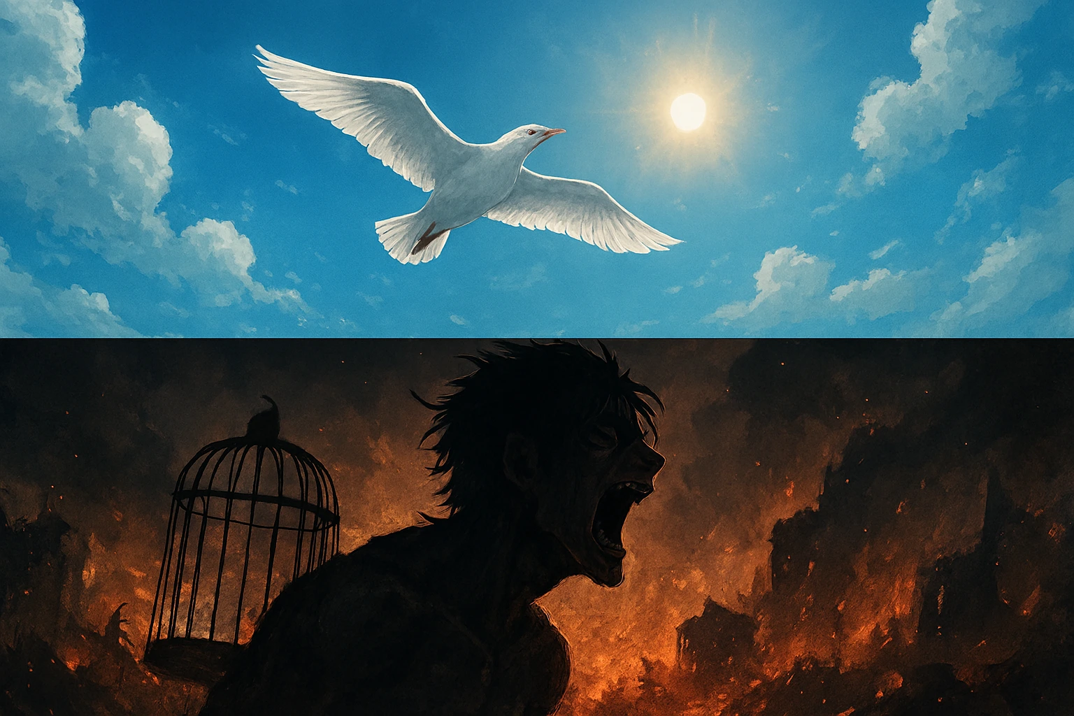 Cinematic illustration of Eren Yeager Freedom symbolism with a white bird flying over a cage.