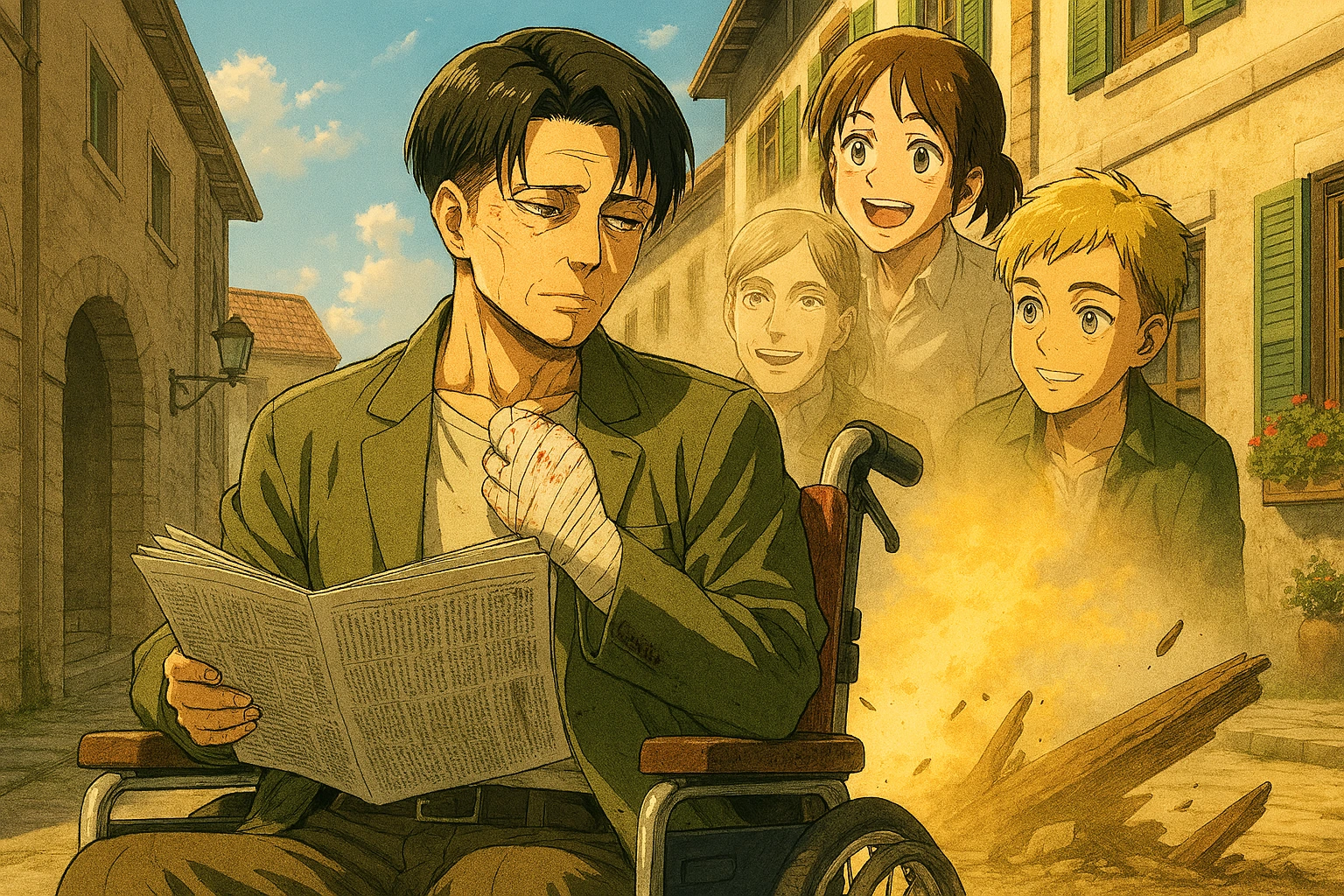 Featured image showing a peaceful Levi Ackerman in a wheelchair, finally retired from war.