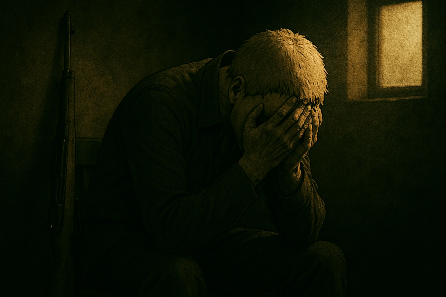 Reiner Braun sitting alone in despair in Season 4, contemplating suicide as a result of his trauma and broken mind.
