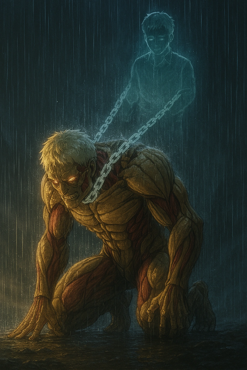 The Armored Titan, piloted by Reiner Braun, being weighed down by the ghostly memory of Marcel, symbolizing the start of his broken mind.