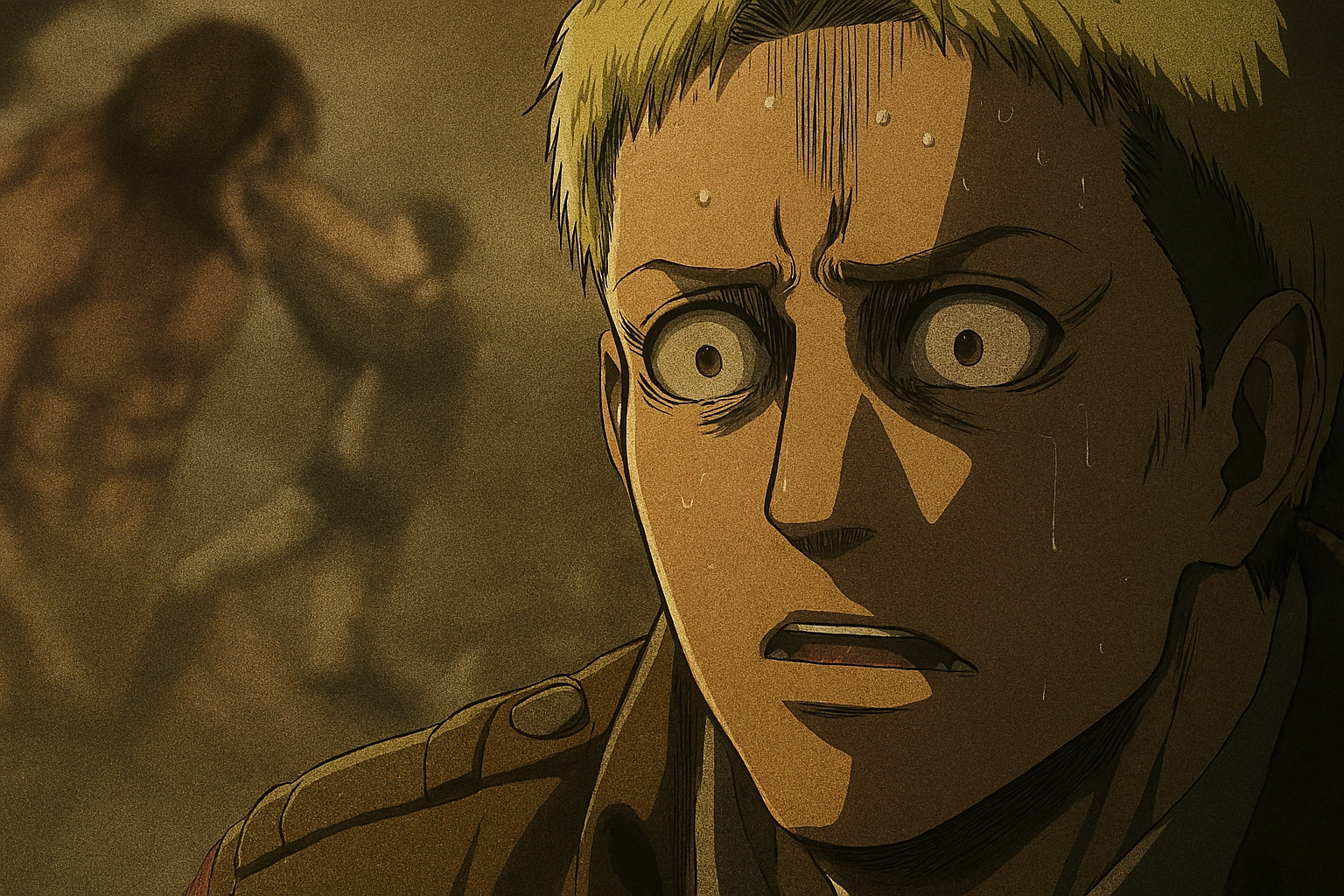 A close-up of Reiner Braun experiencing a psychotic break and dissociating during the death of Marco, a key moment that led to his broken mind.