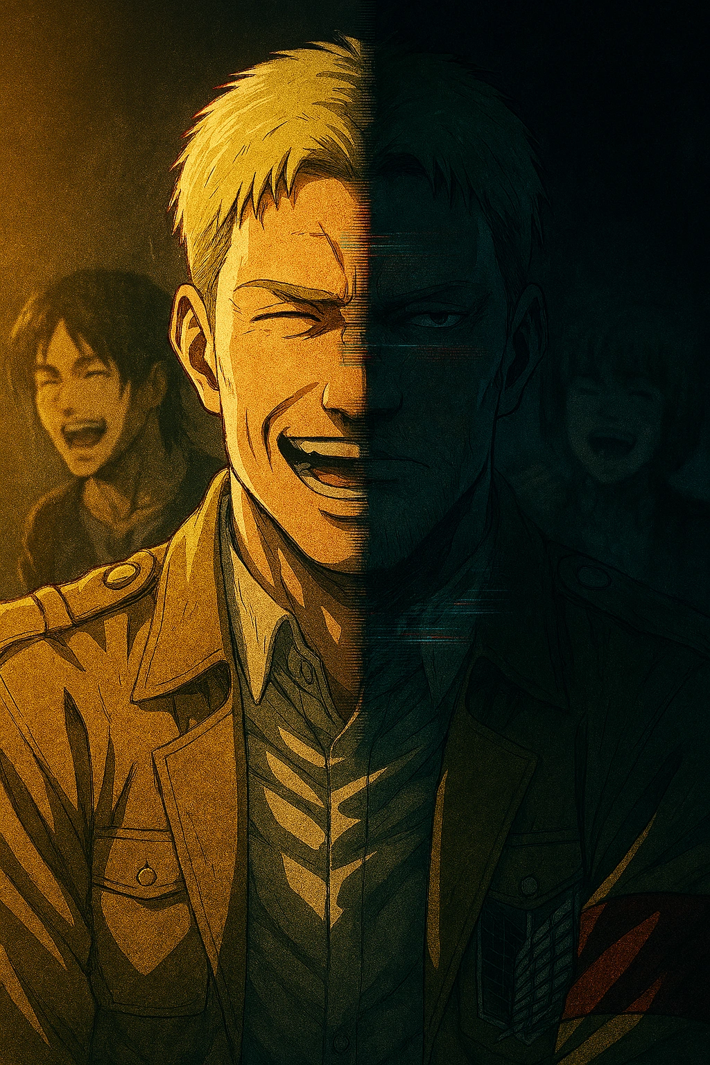A portrait of Reiner Braun showing his "Soldier" persona masking the "Warrior" reality, highlighting his broken mind and Dissociative Identity Disorder