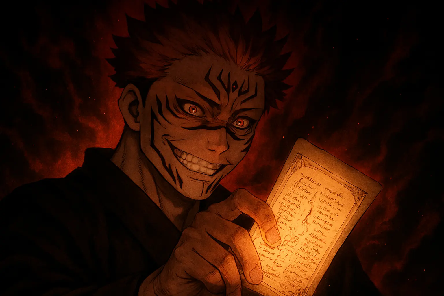 Ryomen Sukuna holding a contract representing Binding Vows JJK.