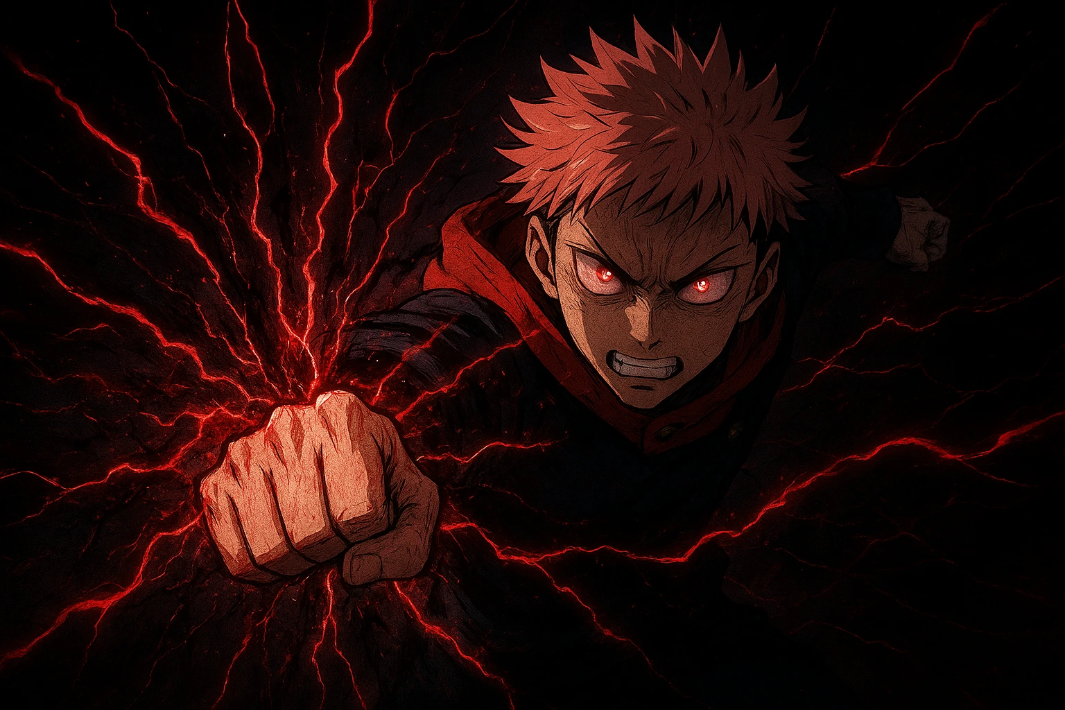 Yuji Itadori landing a massive Black Flash JJK with spatial distortion and red-black lightning.